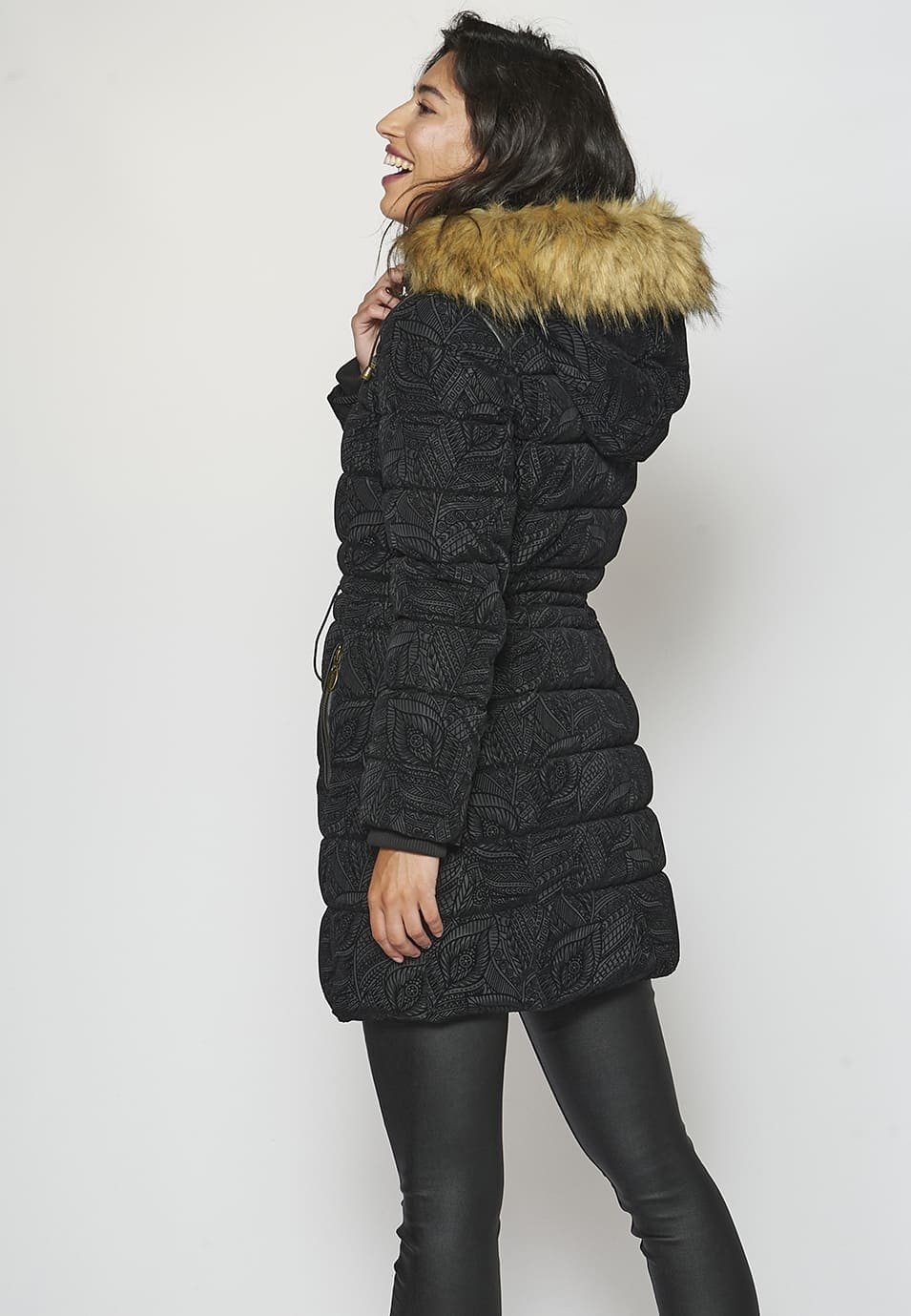 Long padded parka coat with floral print, detachable hood and fur for Woman