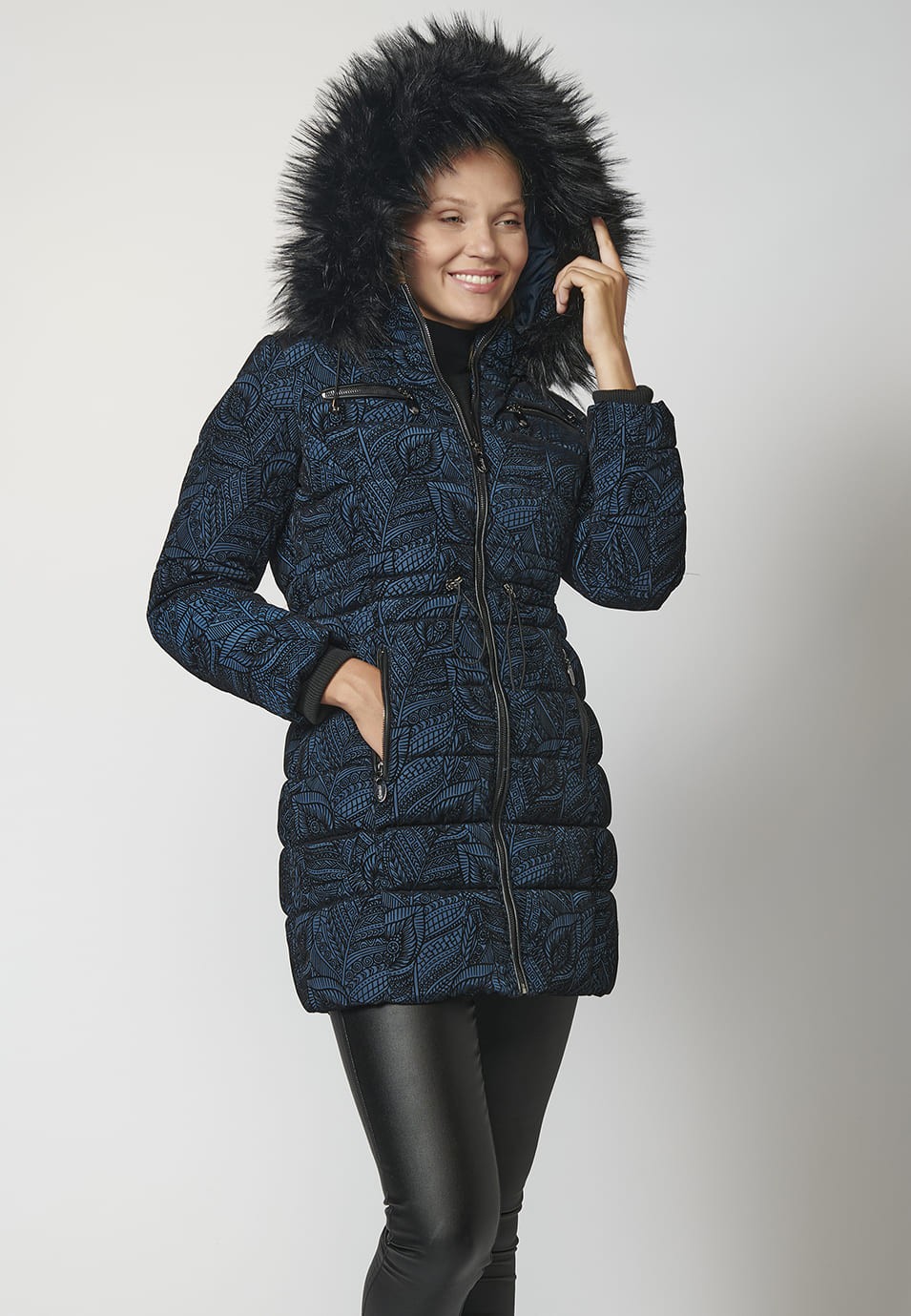 Langer wattierter Parka-Mantel mit Blumendruck, abnehmbarer Kapuze und Fell für Damen