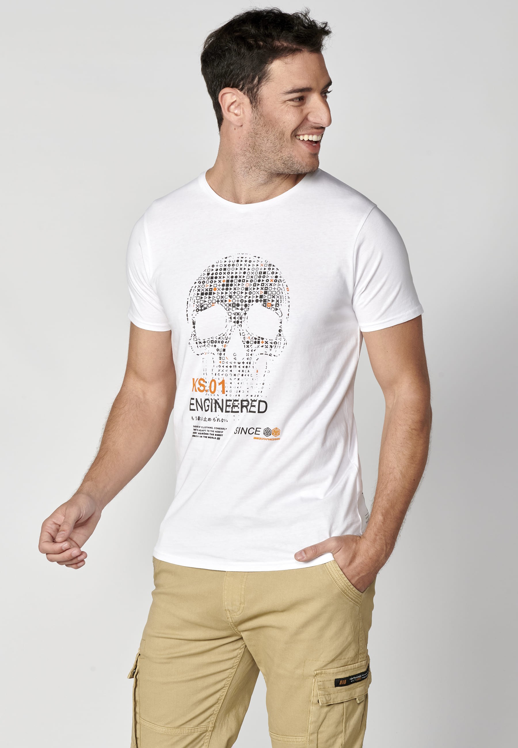 White short-sleeved Cotton T-shirt with front print for Men