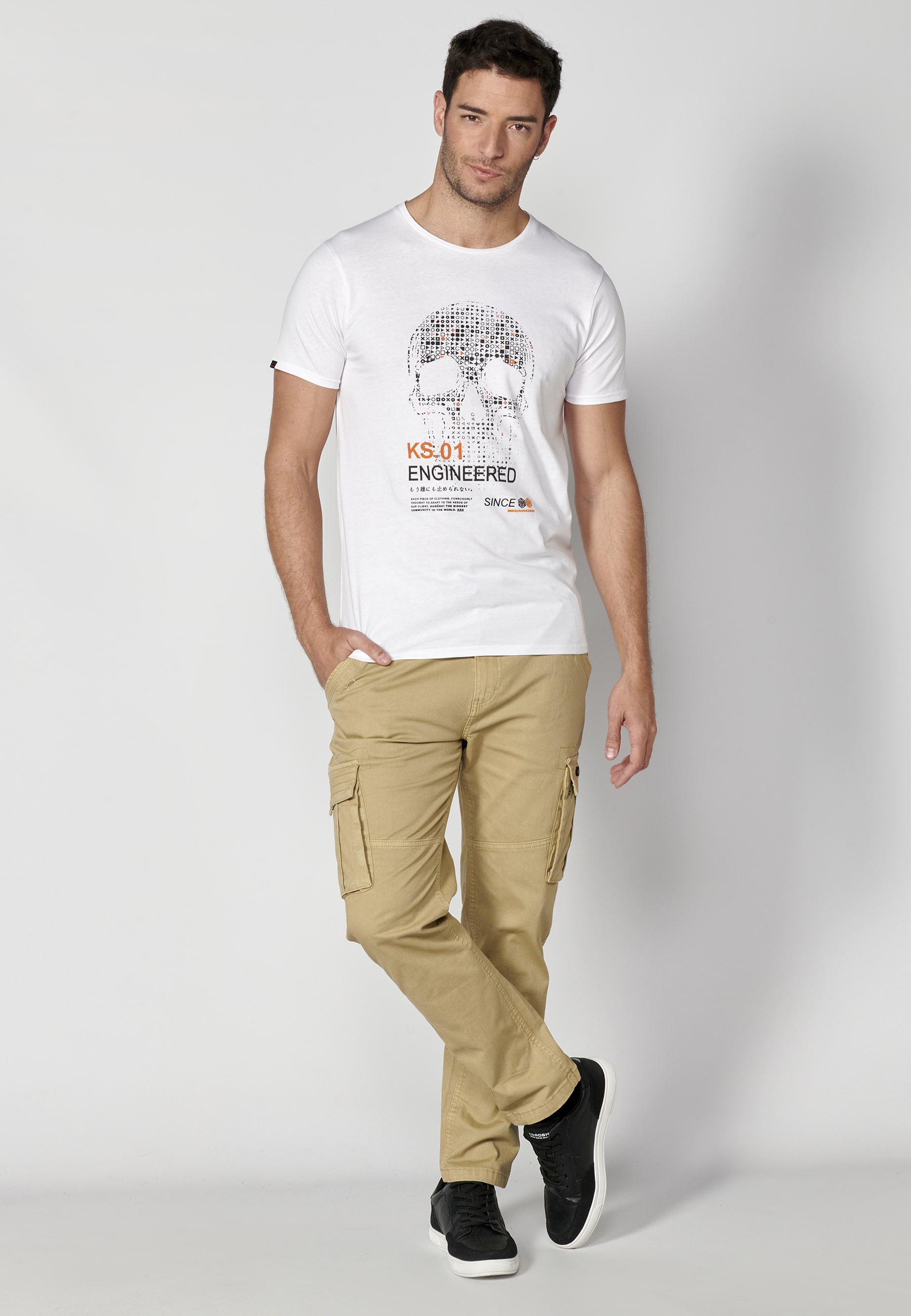 White short-sleeved Cotton T-shirt with front print for Men