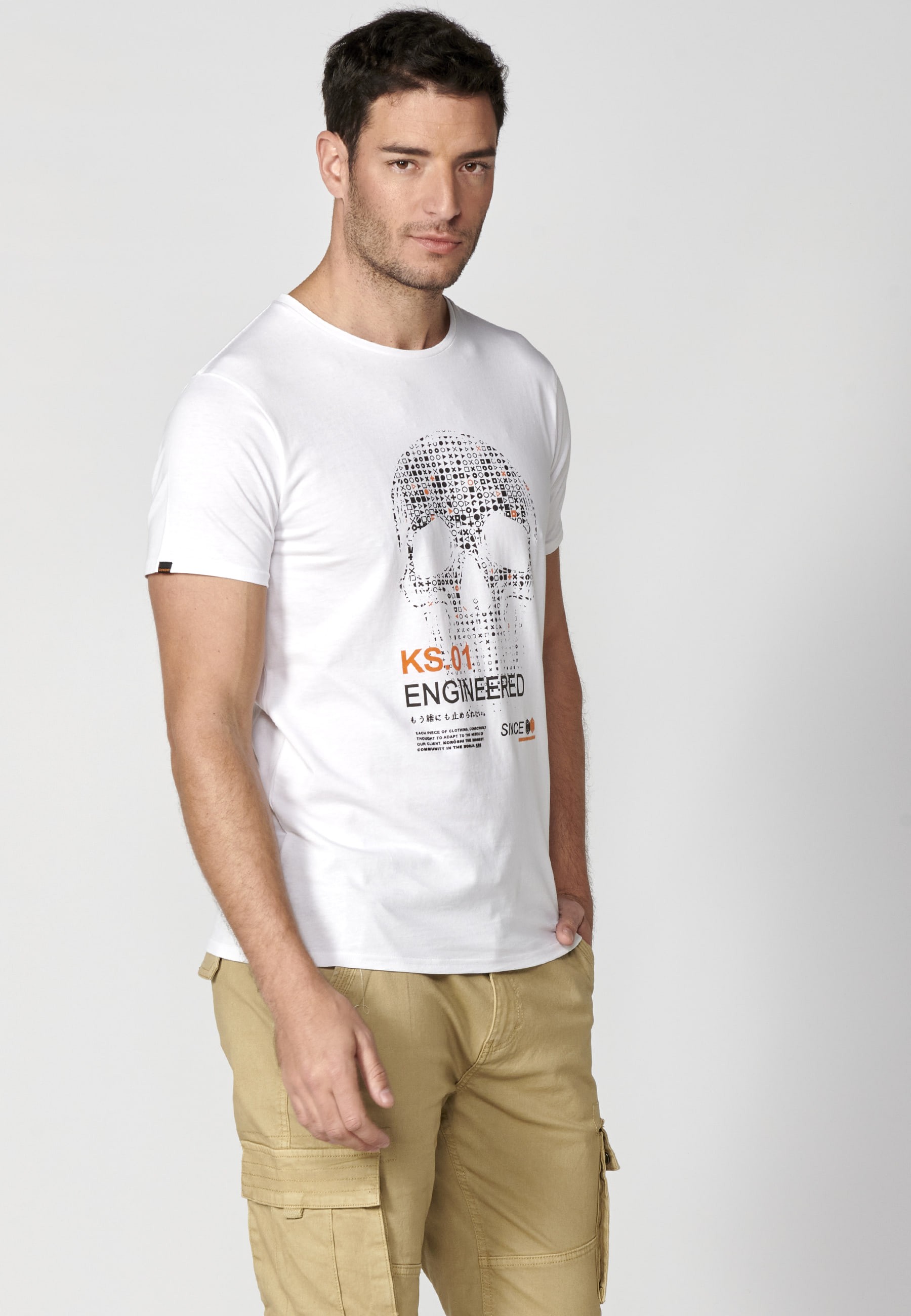 White short-sleeved Cotton T-shirt with front print for Men