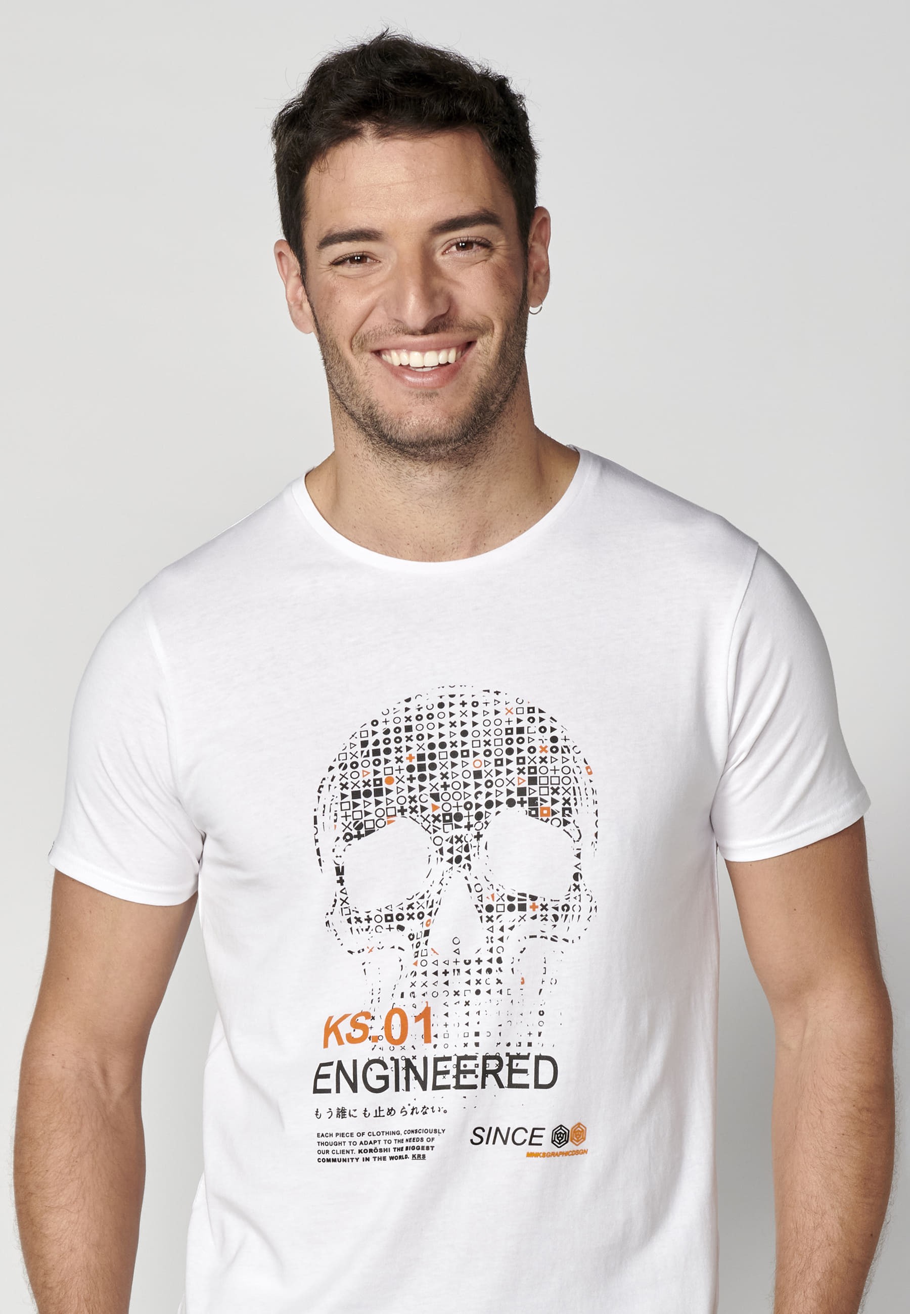 T-shirt blanc à manches courtes en coton avec imprimé sur le devant pour Homme