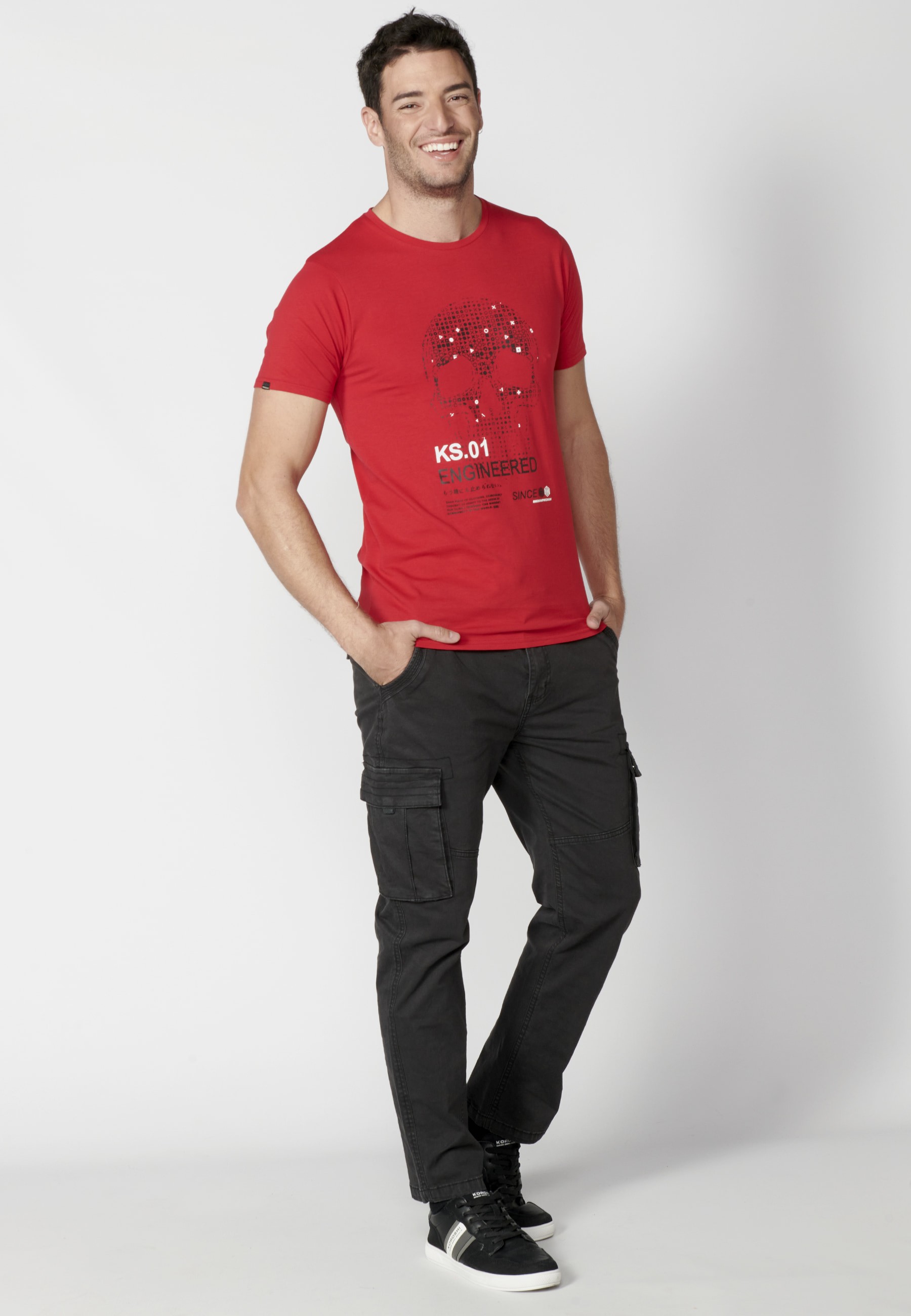 Red short-sleeved Cotton T-shirt with front print for Men