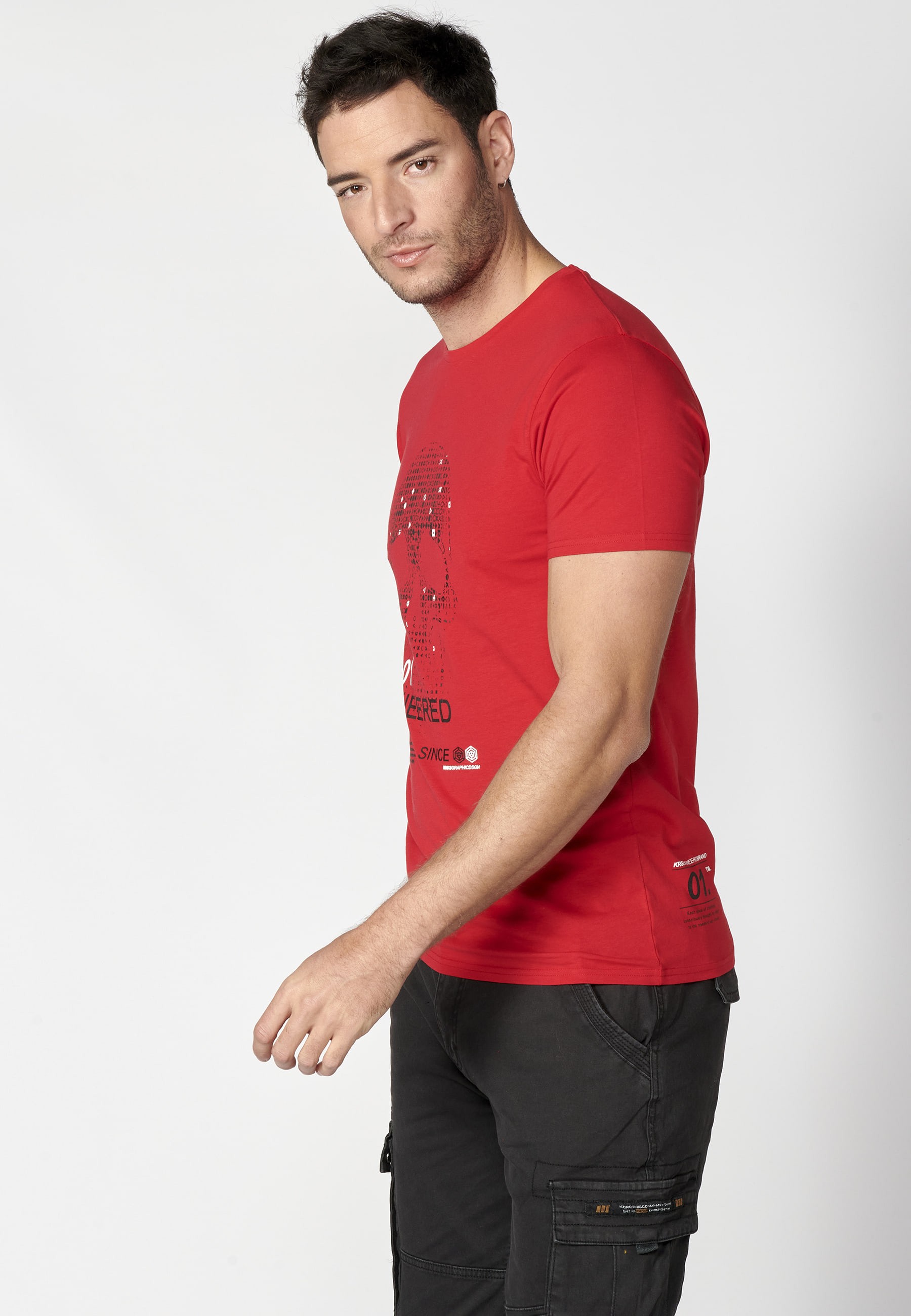 Red short-sleeved Cotton T-shirt with front print for Men