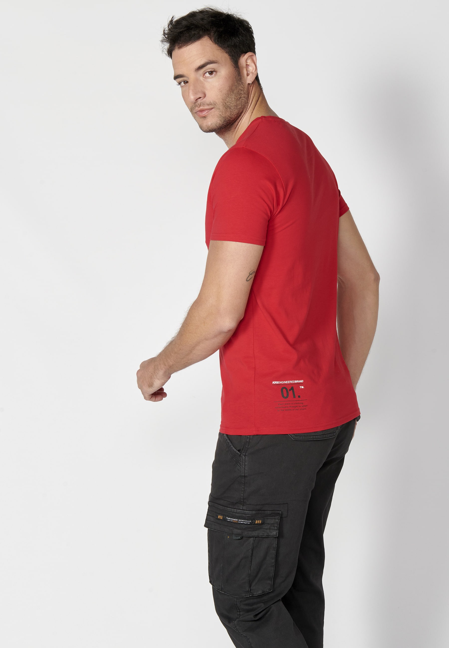 Red short-sleeved Cotton T-shirt with front print for Men