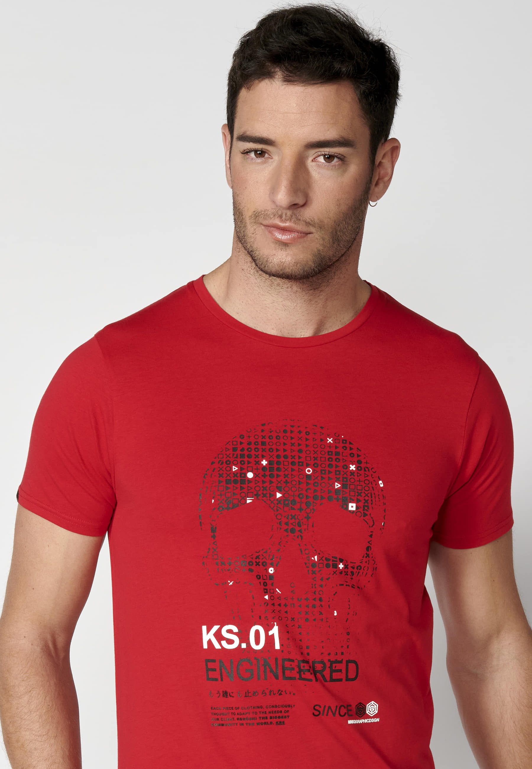 Red short-sleeved Cotton T-shirt with front print for Men