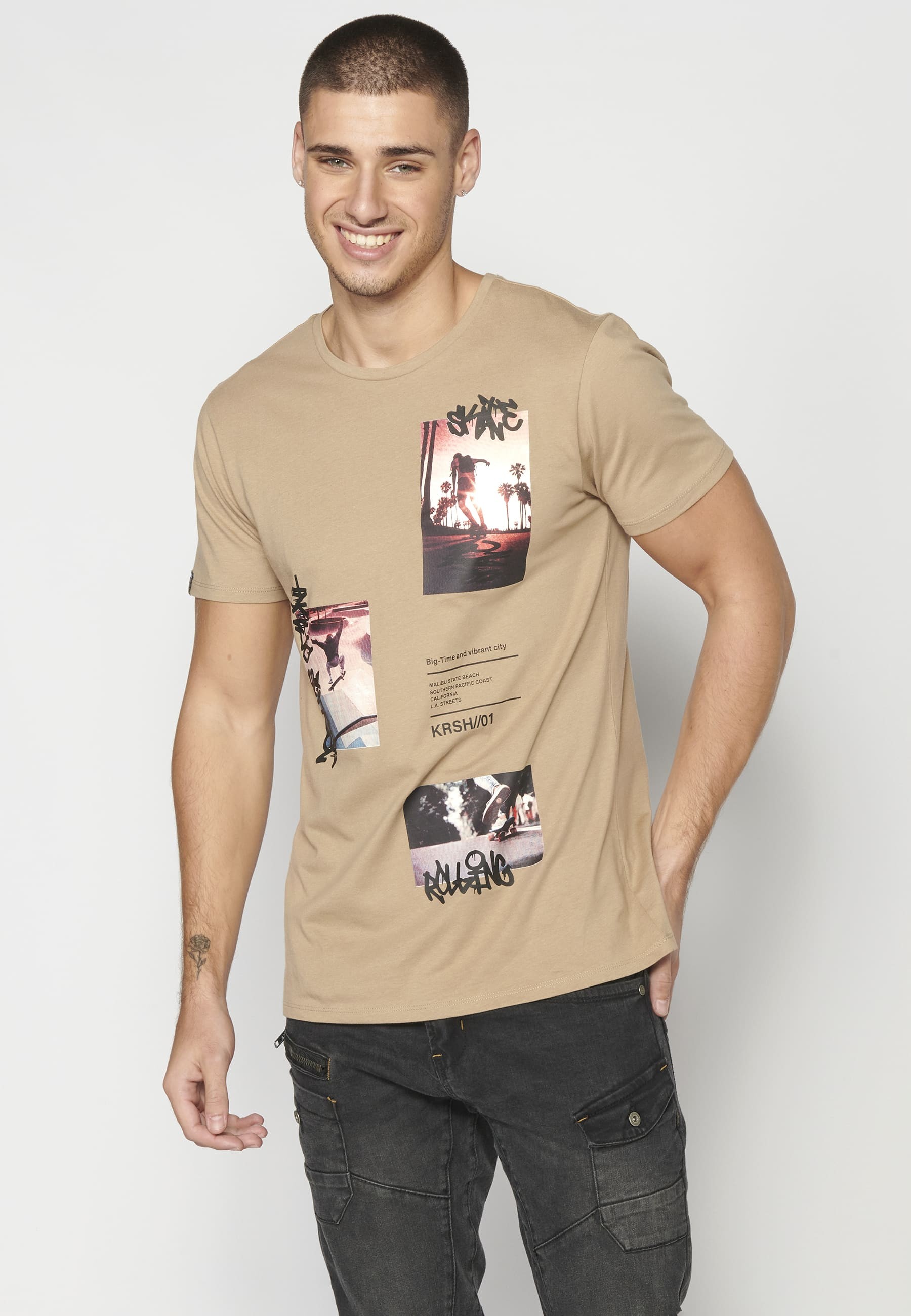 T-shirt Homme Beige En Coton À Manches Courtes