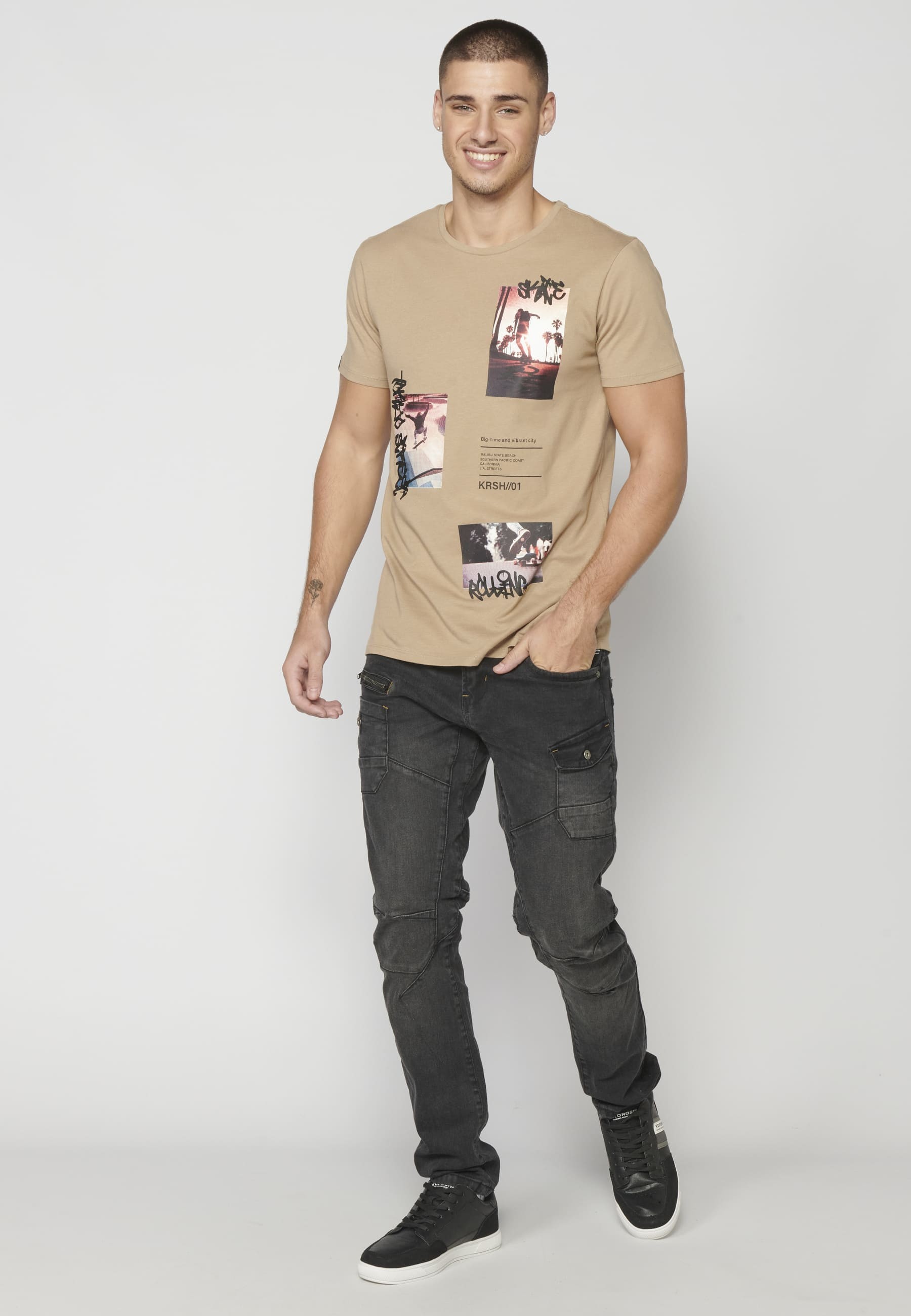 T-shirt Homme Beige En Coton À Manches Courtes