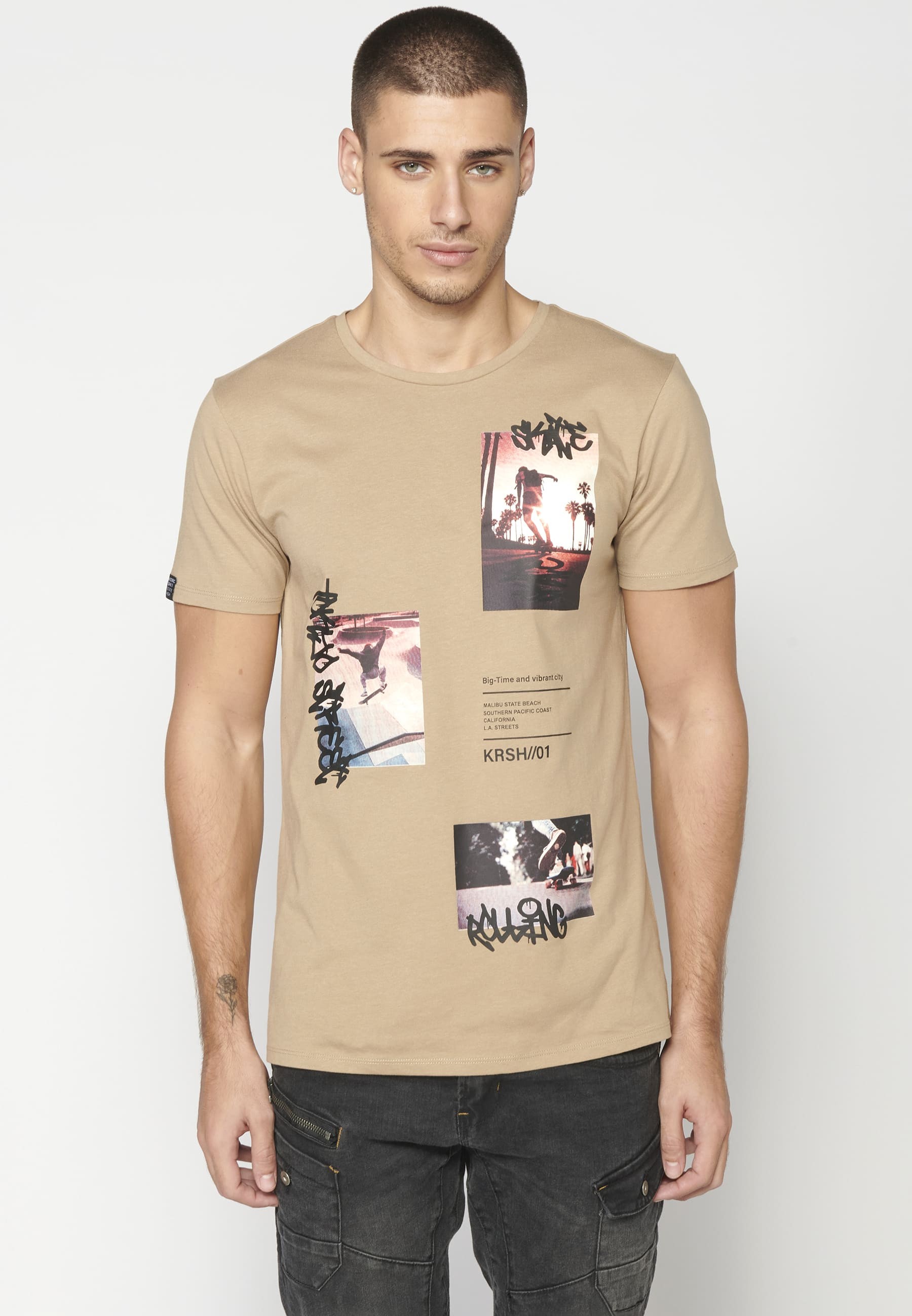 T-shirt Homme Beige En Coton À Manches Courtes