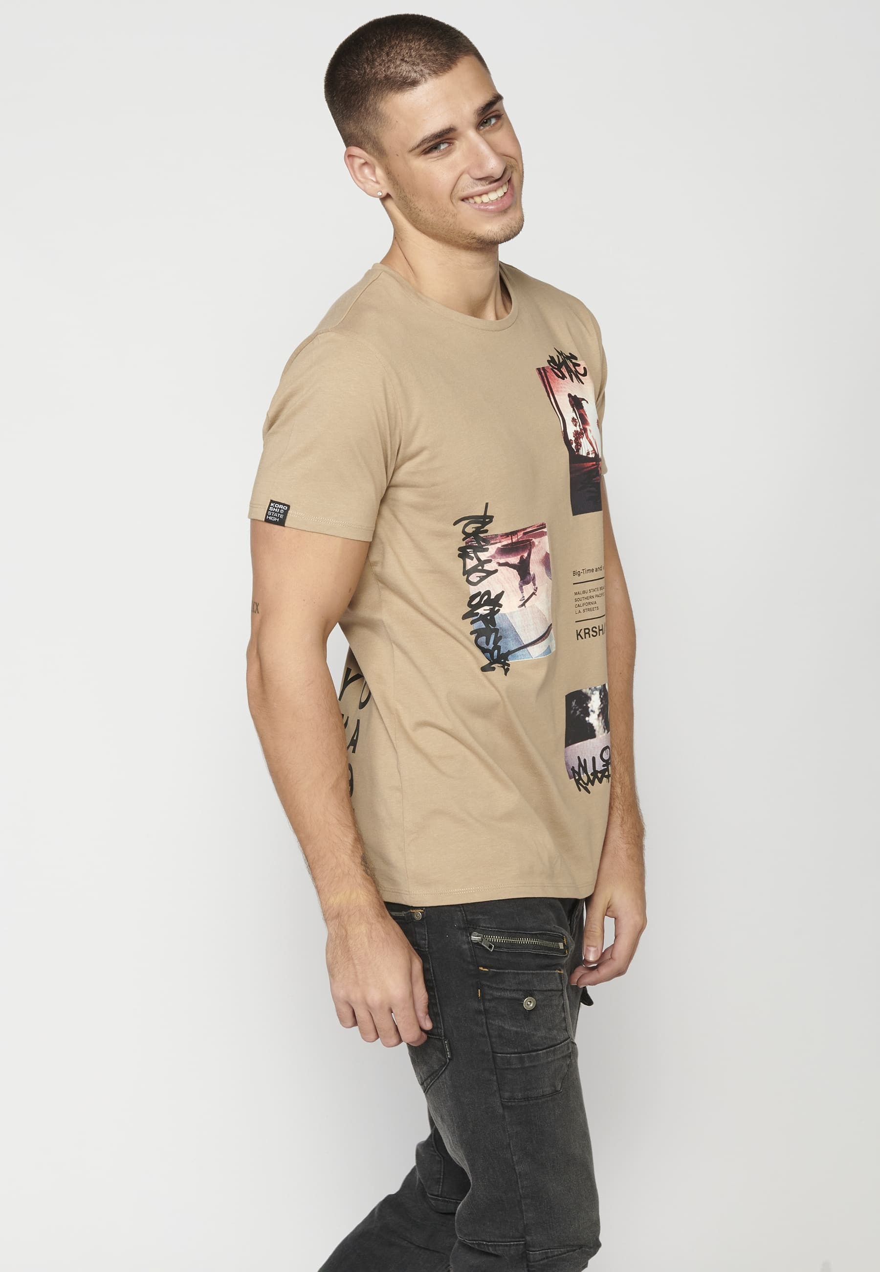 Men's Beige Cotton Short Sleeve T-shirt