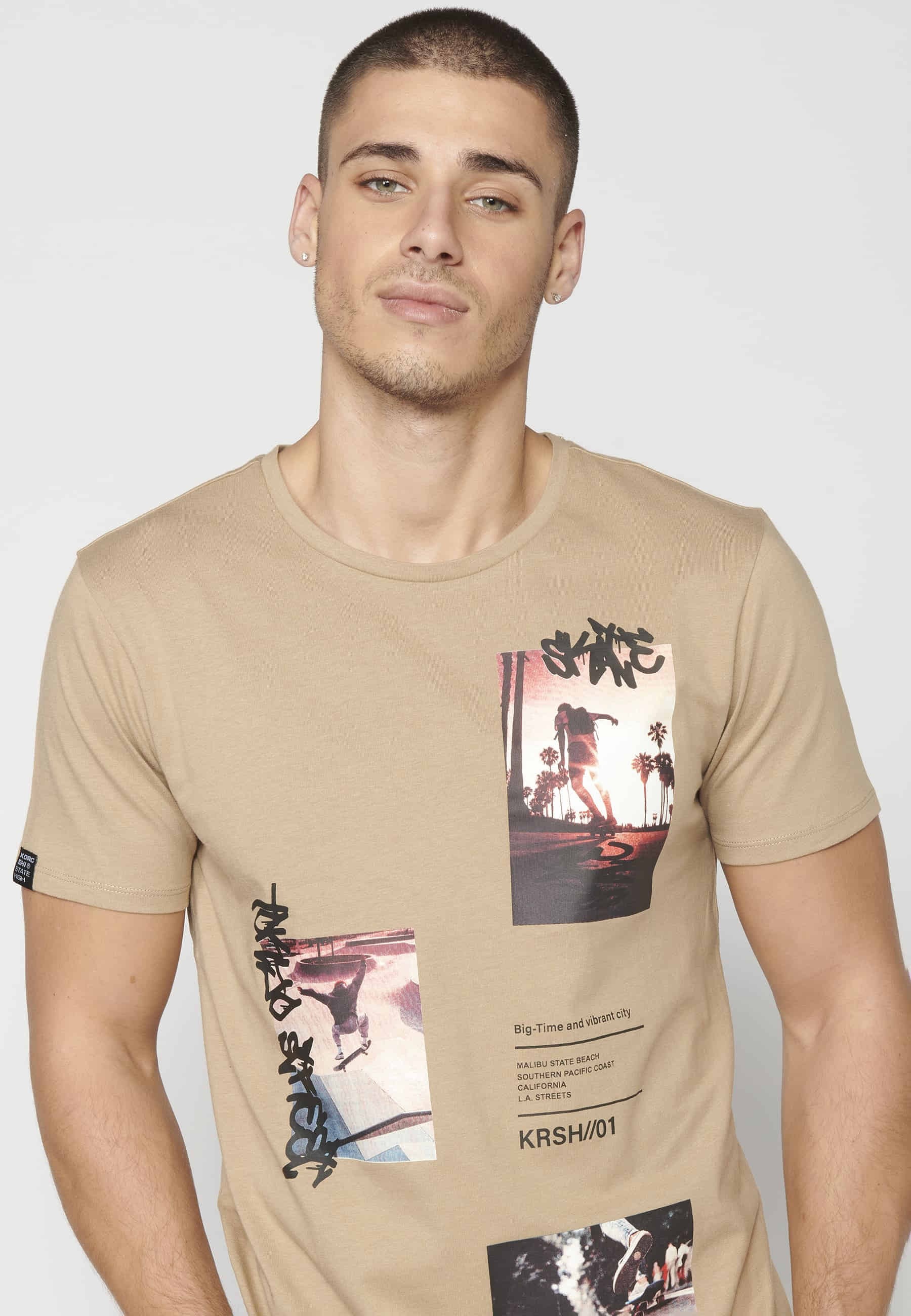 Men's Beige Cotton Short Sleeve T-shirt