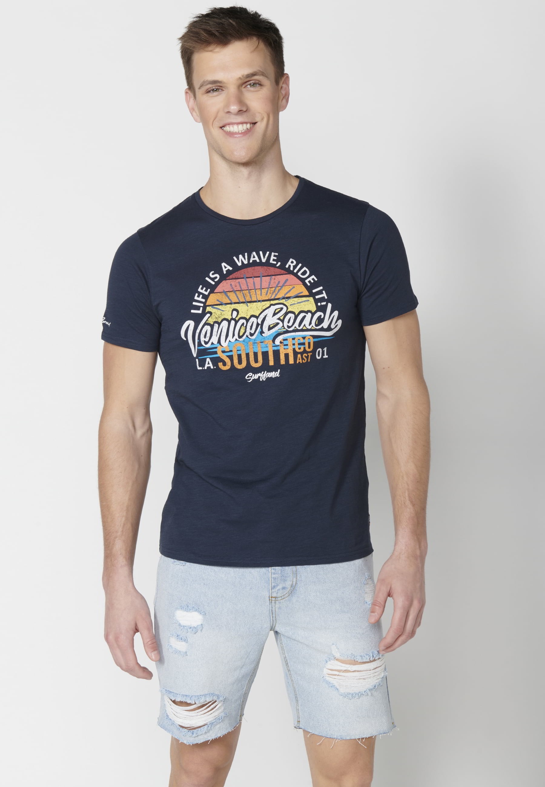 T-shirt Homme Bleu Marine À Manches Courtes En Coton