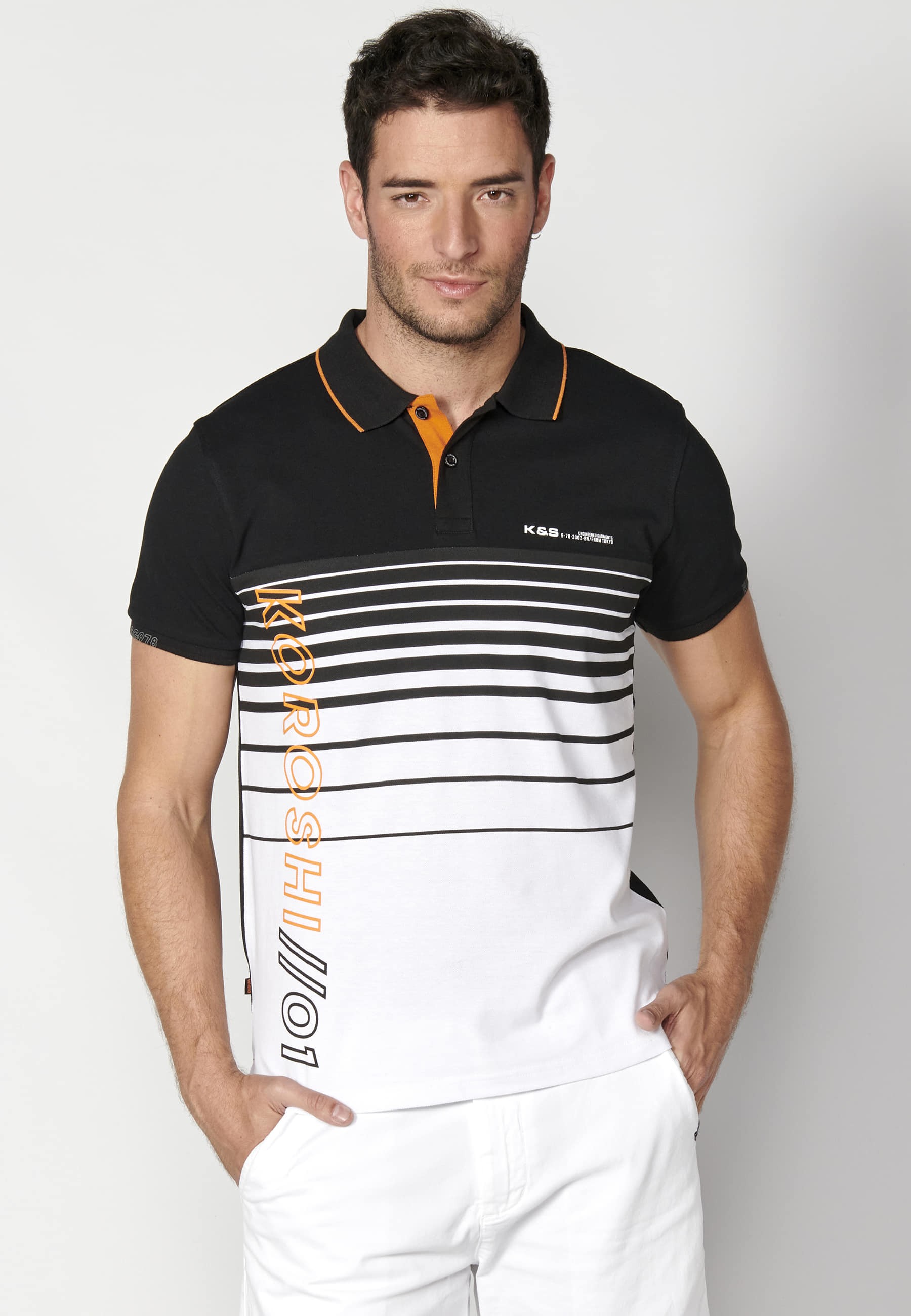 Black Striped Cotton Short Sleeve Polo Shirt for Men