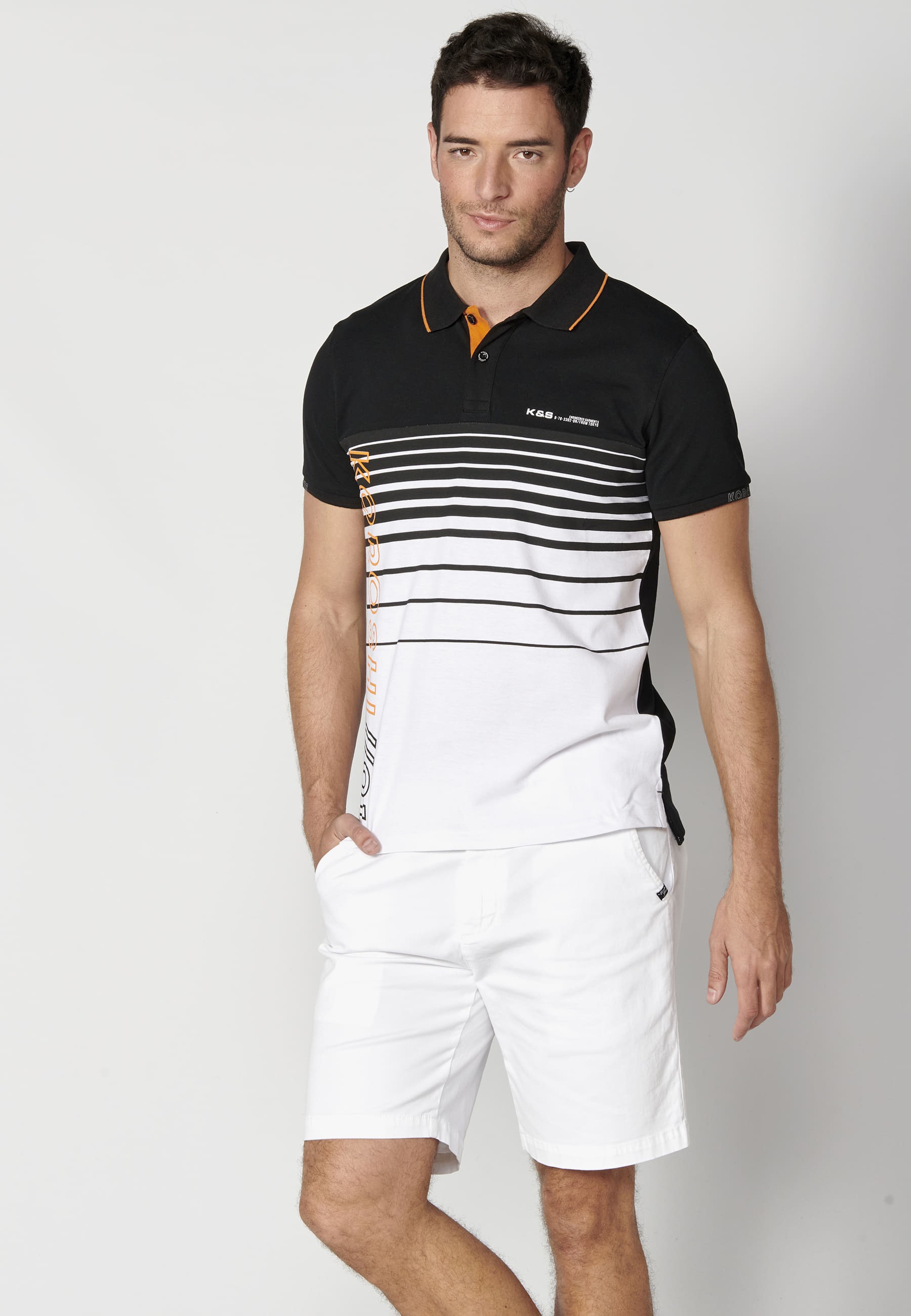 Black Striped Cotton Short Sleeve Polo Shirt for Men