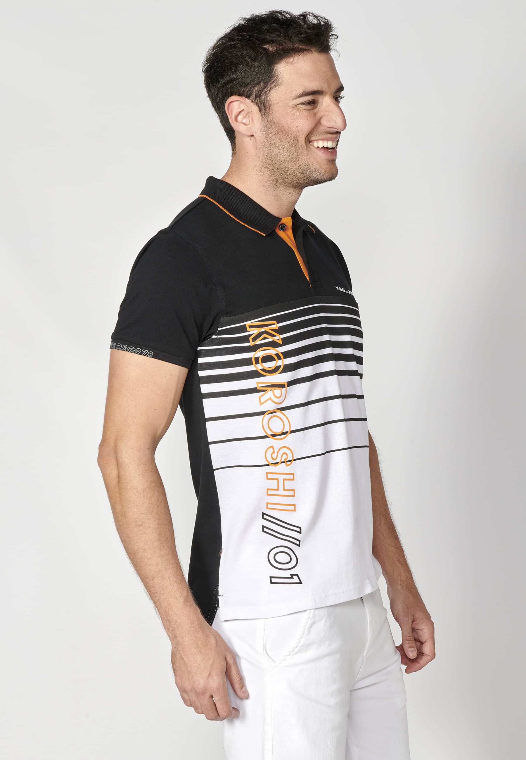 Black Striped Cotton Short Sleeve Polo Shirt for Men