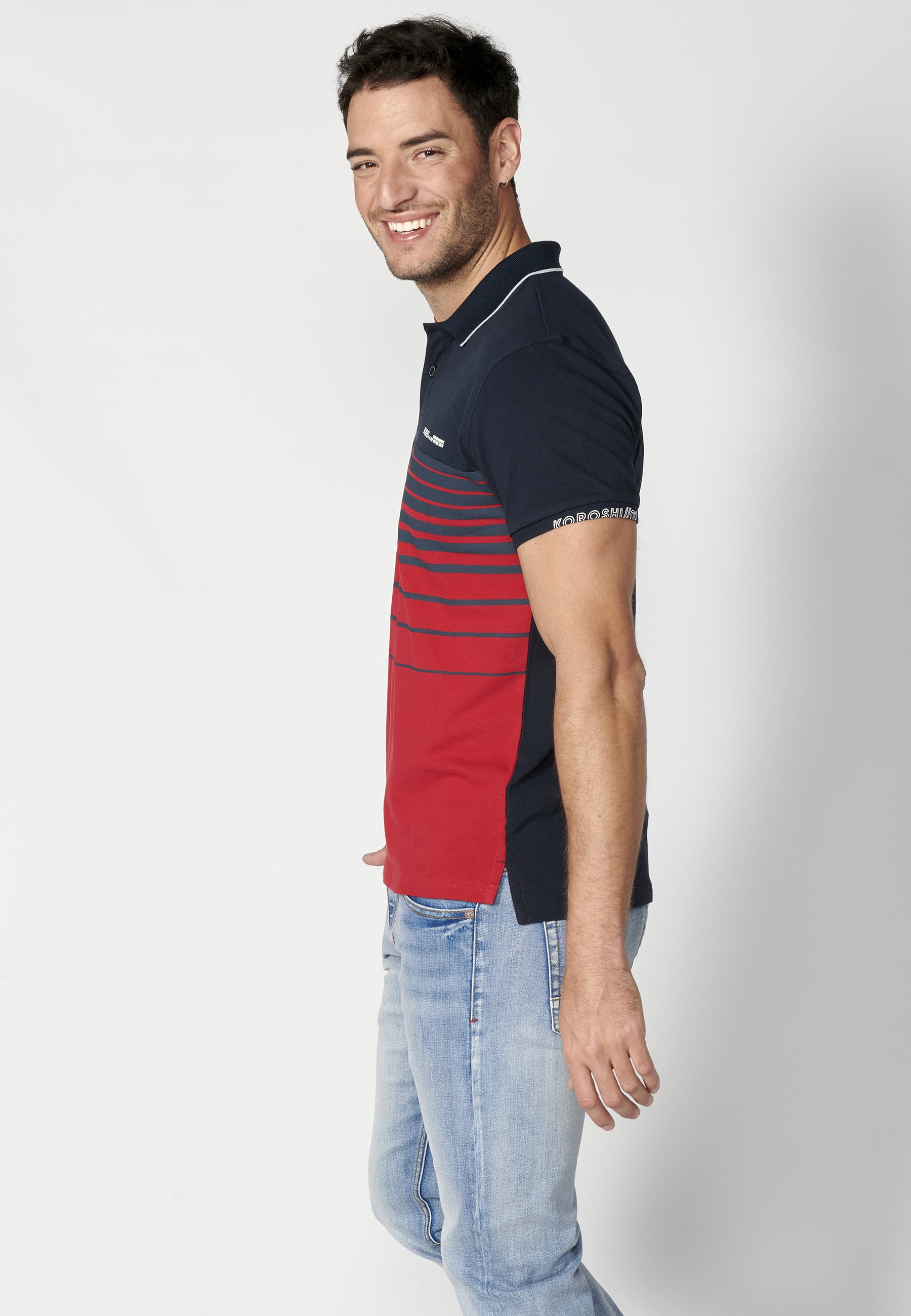 Navy Striped Cotton Short Sleeve Polo Shirt for Men