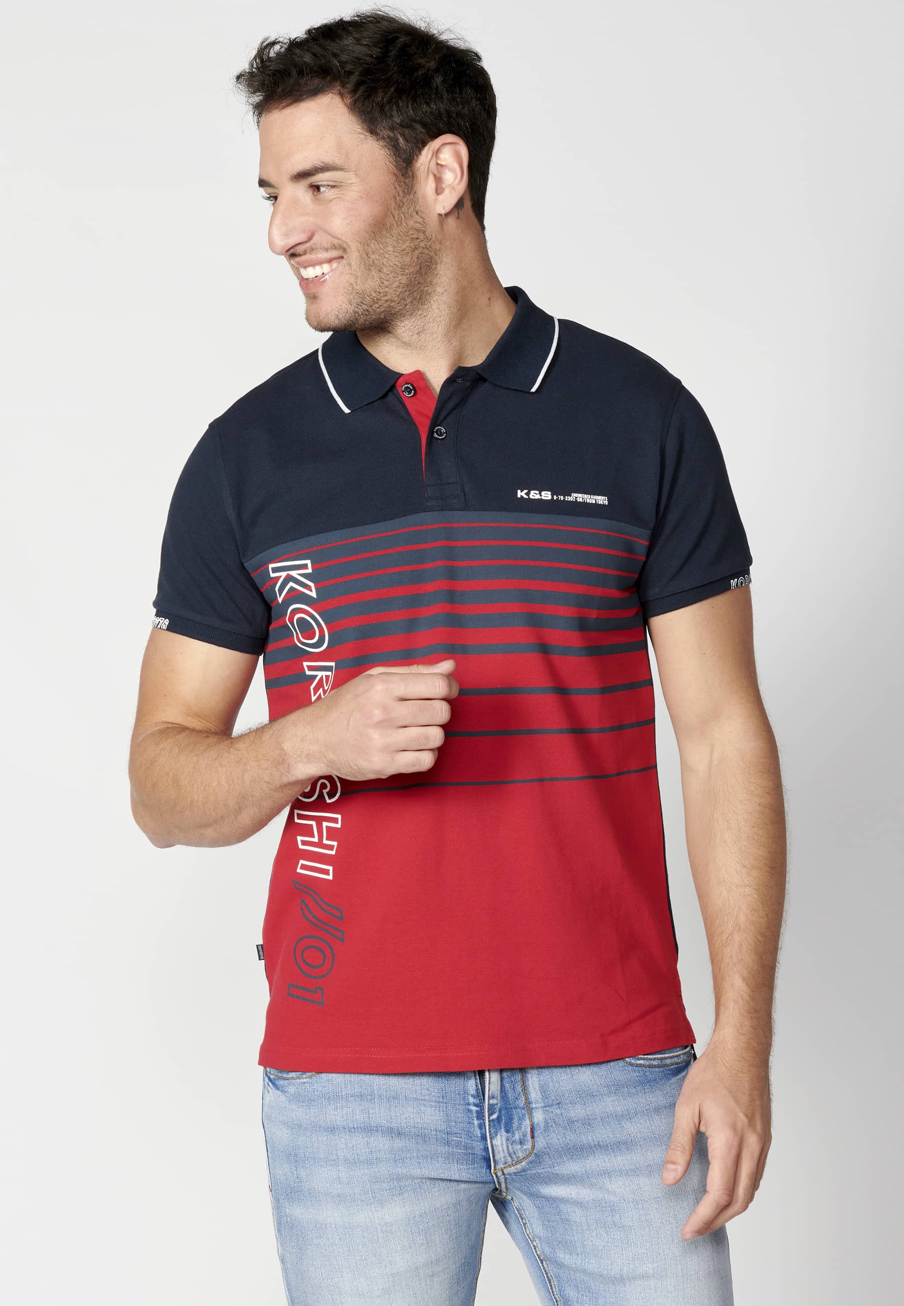 Navy Striped Cotton Short Sleeve Polo Shirt for Men