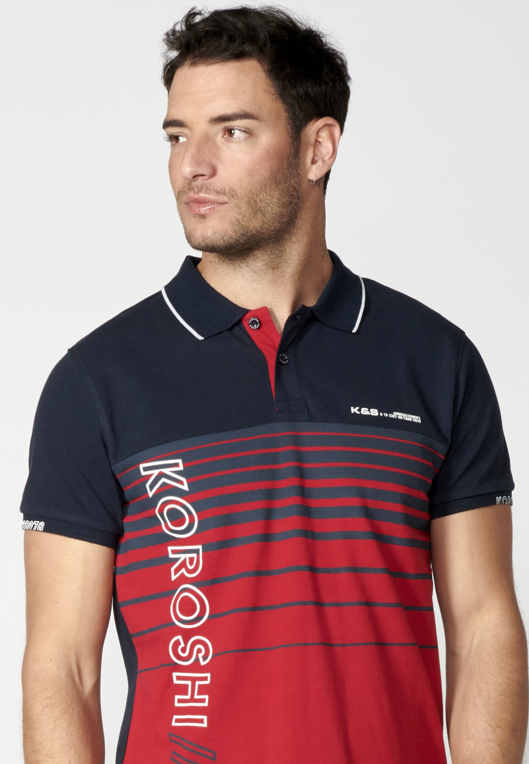 Navy Striped Cotton Short Sleeve Polo Shirt for Men