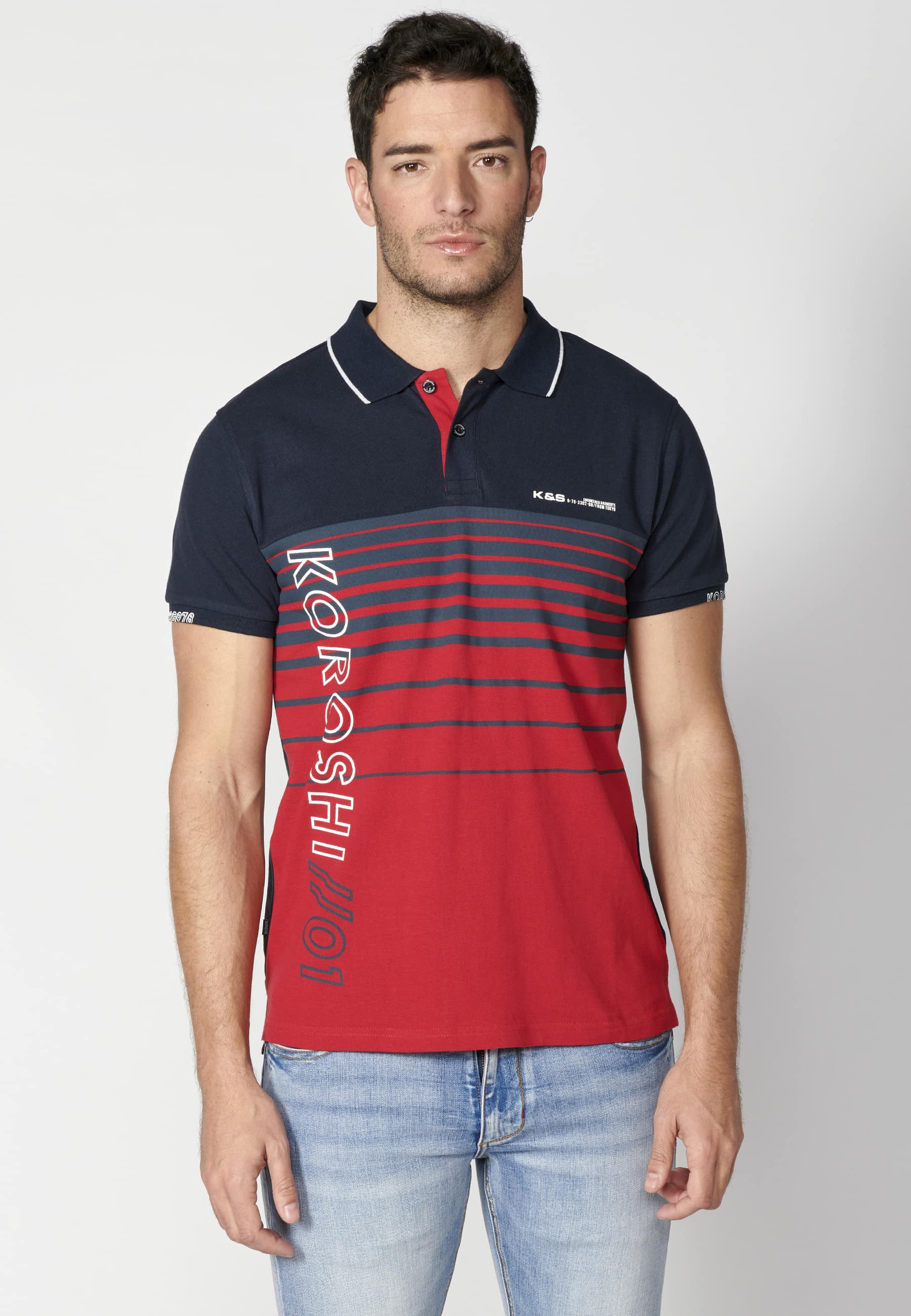 Navy Striped Cotton Short Sleeve Polo Shirt for Men