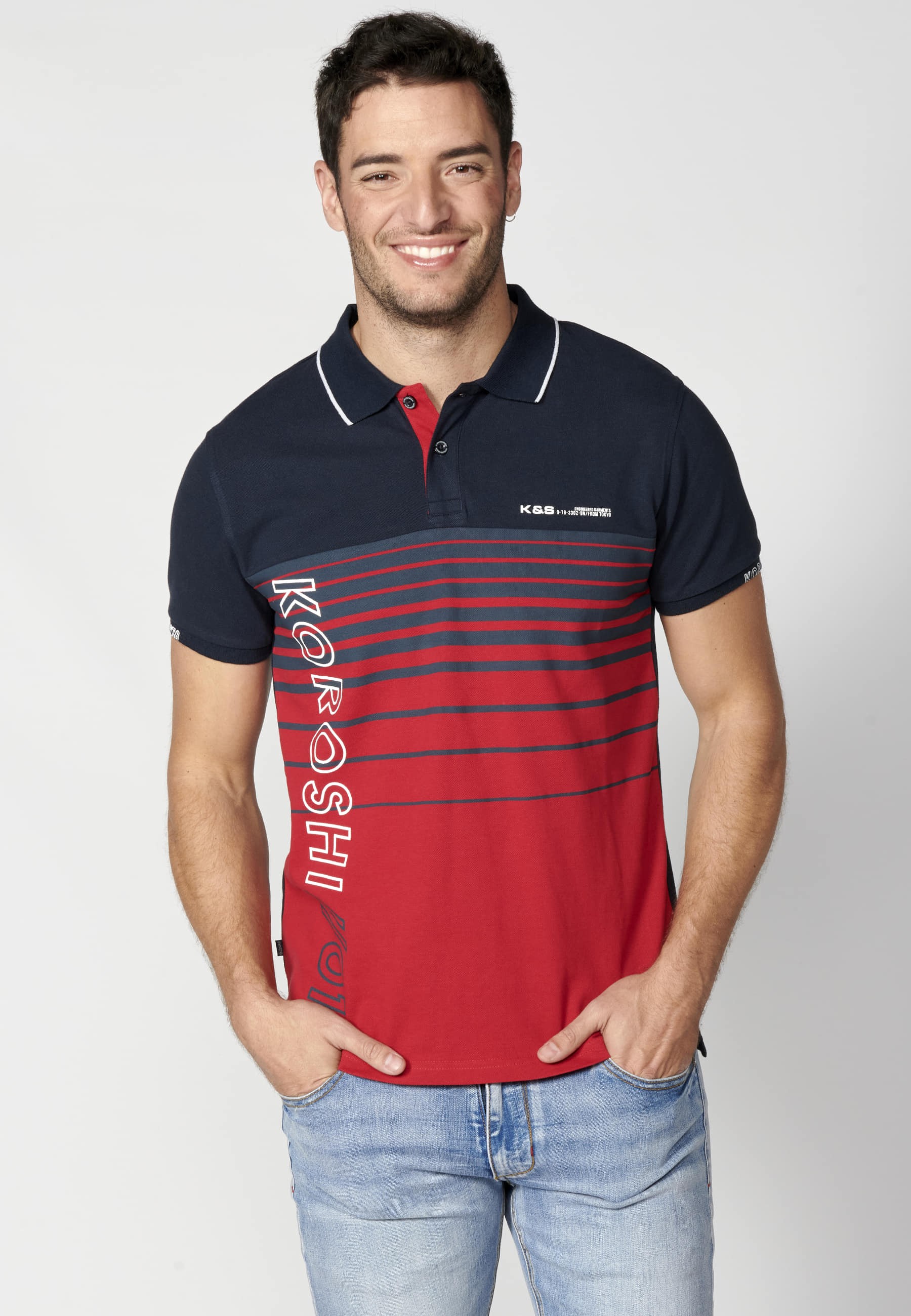 Navy Striped Cotton Short Sleeve Polo Shirt for Men