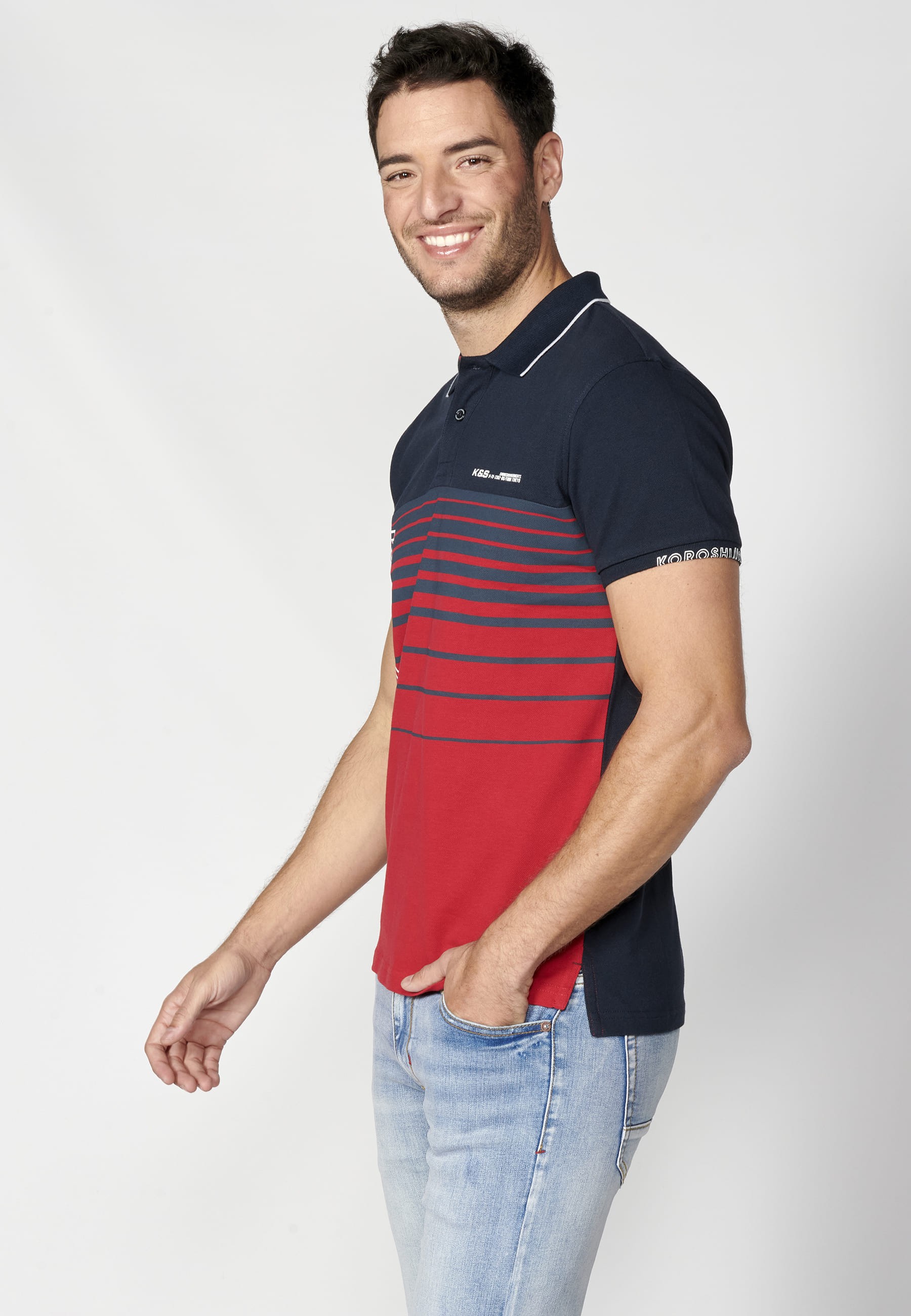 Navy Striped Cotton Short Sleeve Polo Shirt for Men