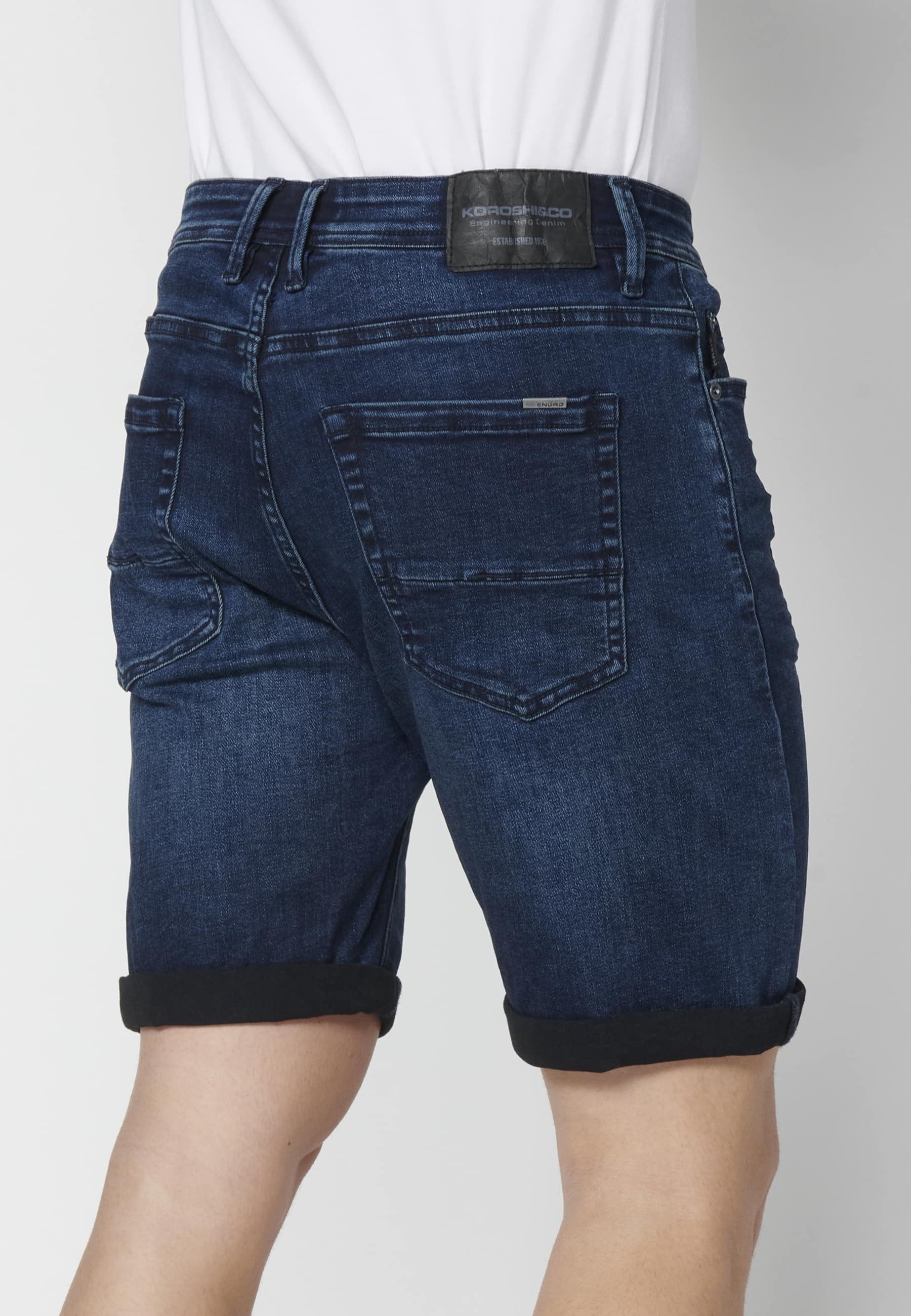 Shorts Denim Bermuda Stretch Regular Fit with four pockets Dark Blue color for Men 4