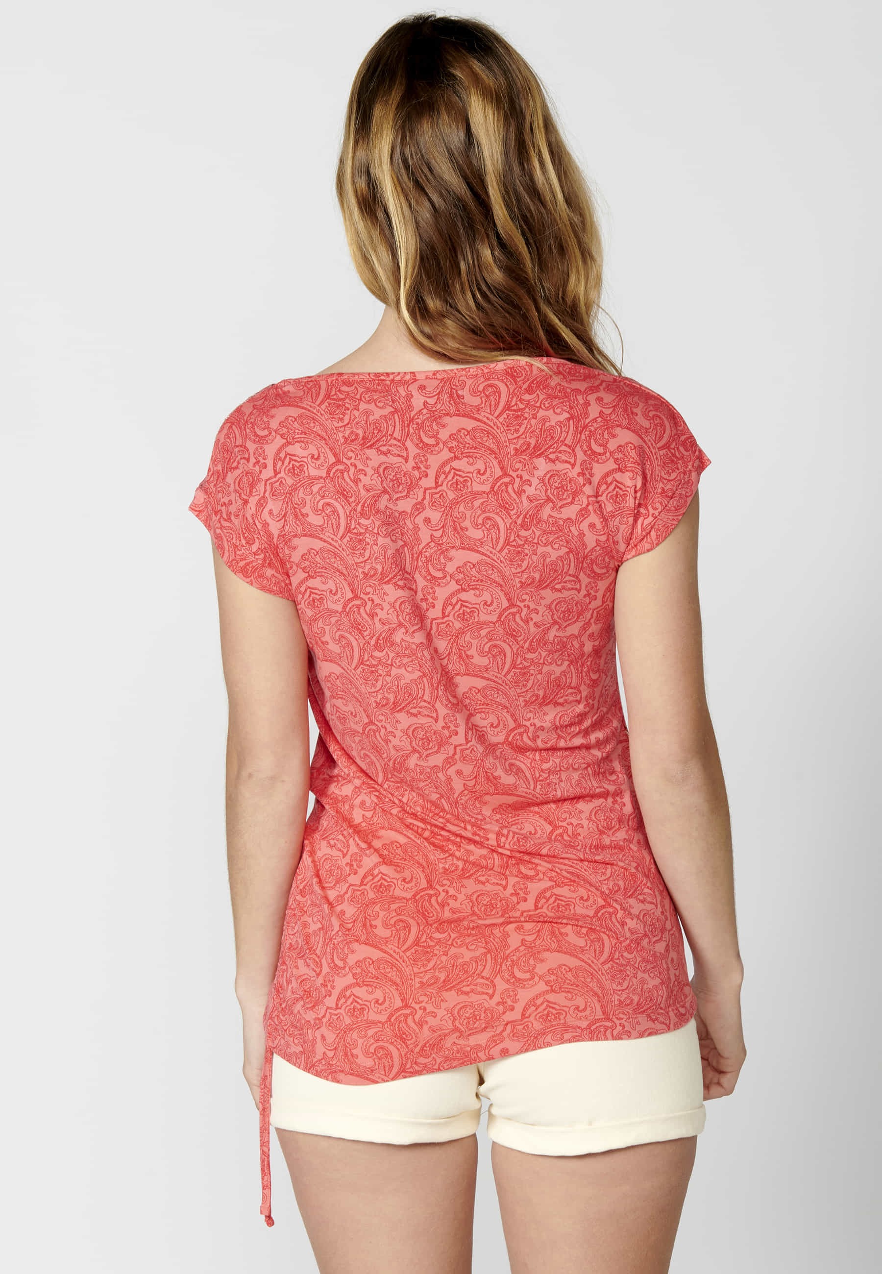 Short-sleeved T-shirt with floral print in Coral color for Women