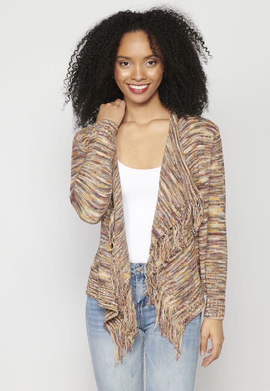 Acrylic knit jacket with fringed finishes