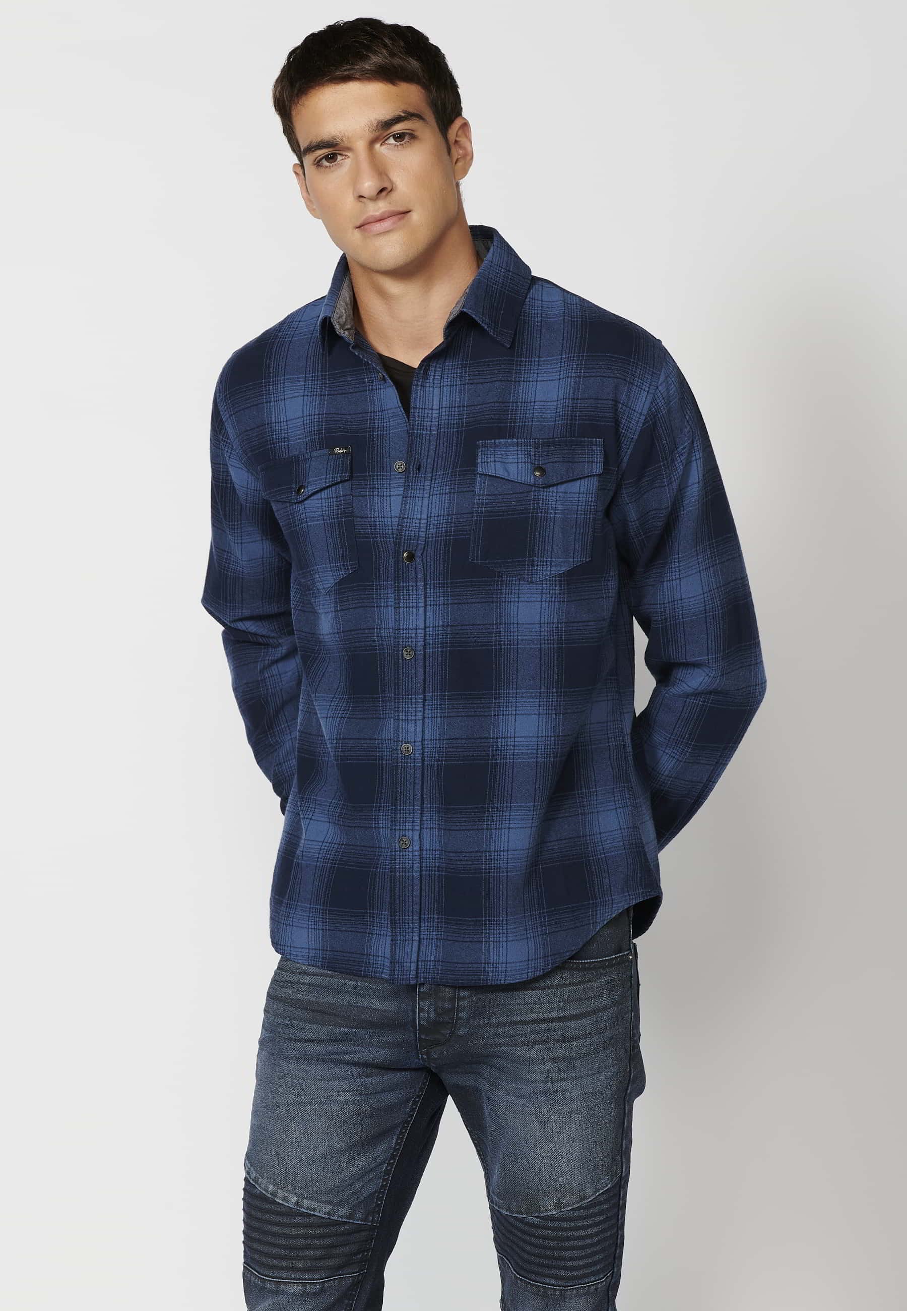 Chemise bleue en coton à manches longues avec poches devant pour Homme