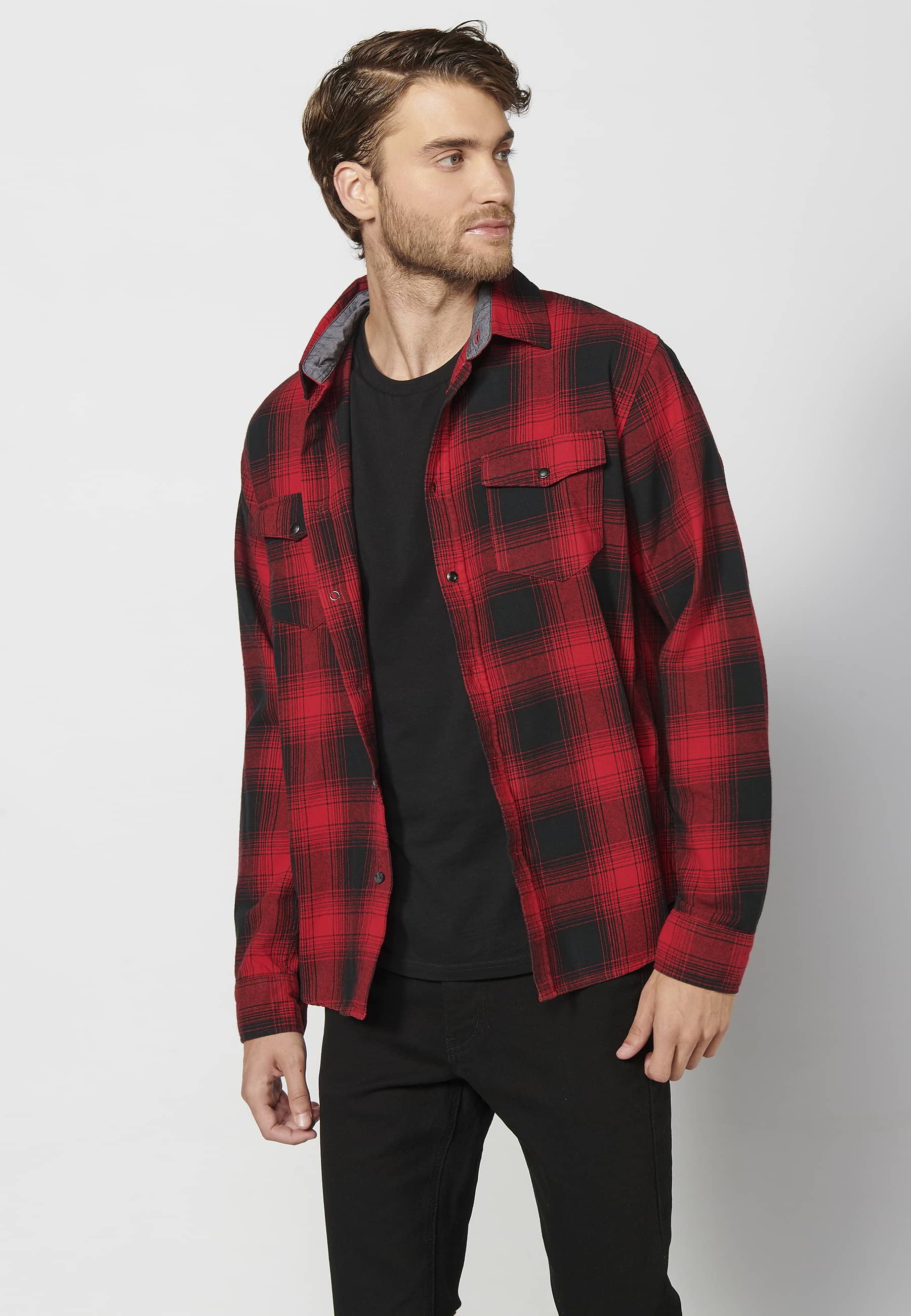 Chemise rouge en coton à manches longues avec poches devant pour Homme 5