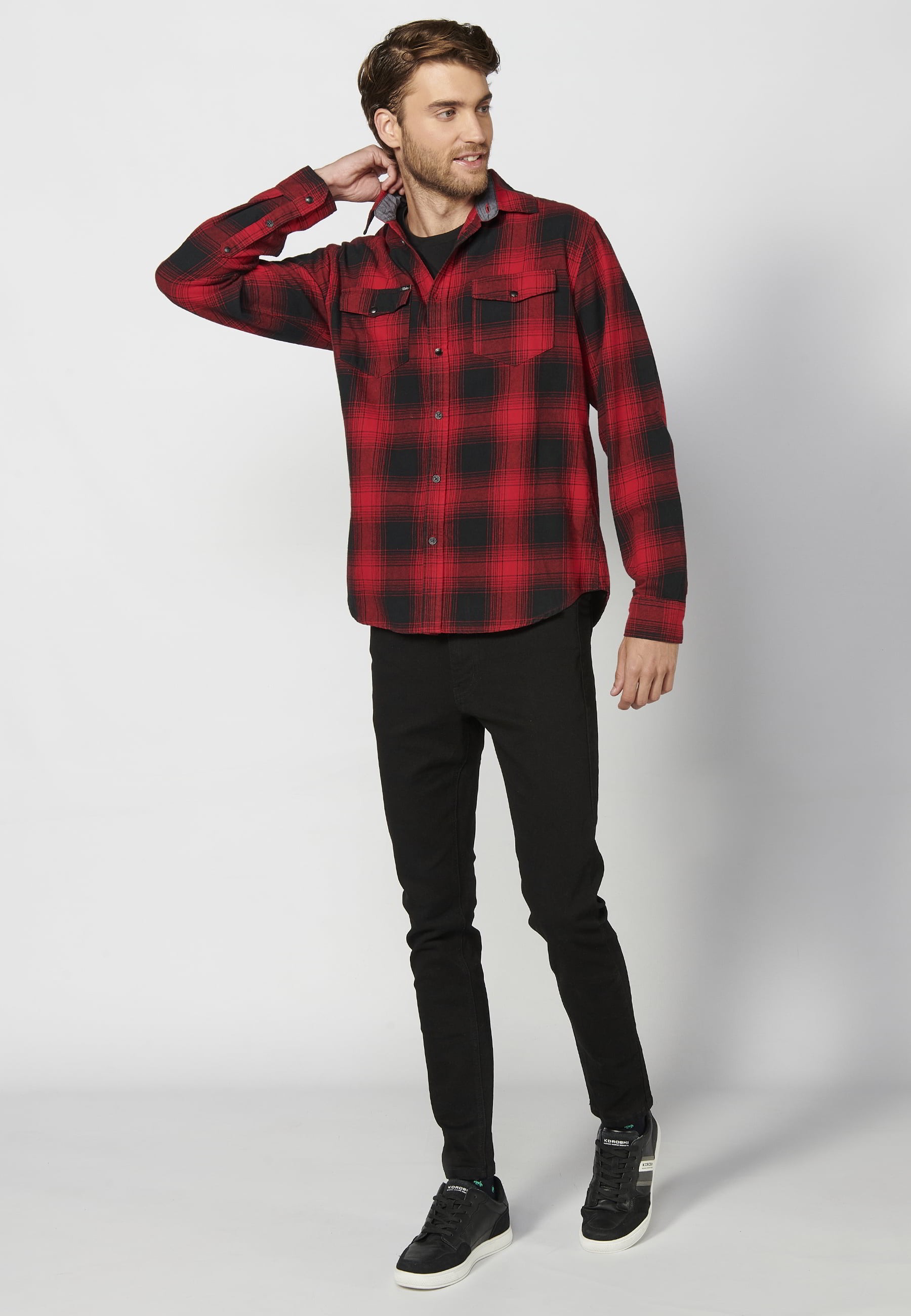 Chemise rouge en coton à manches longues avec poches devant pour Homme 2