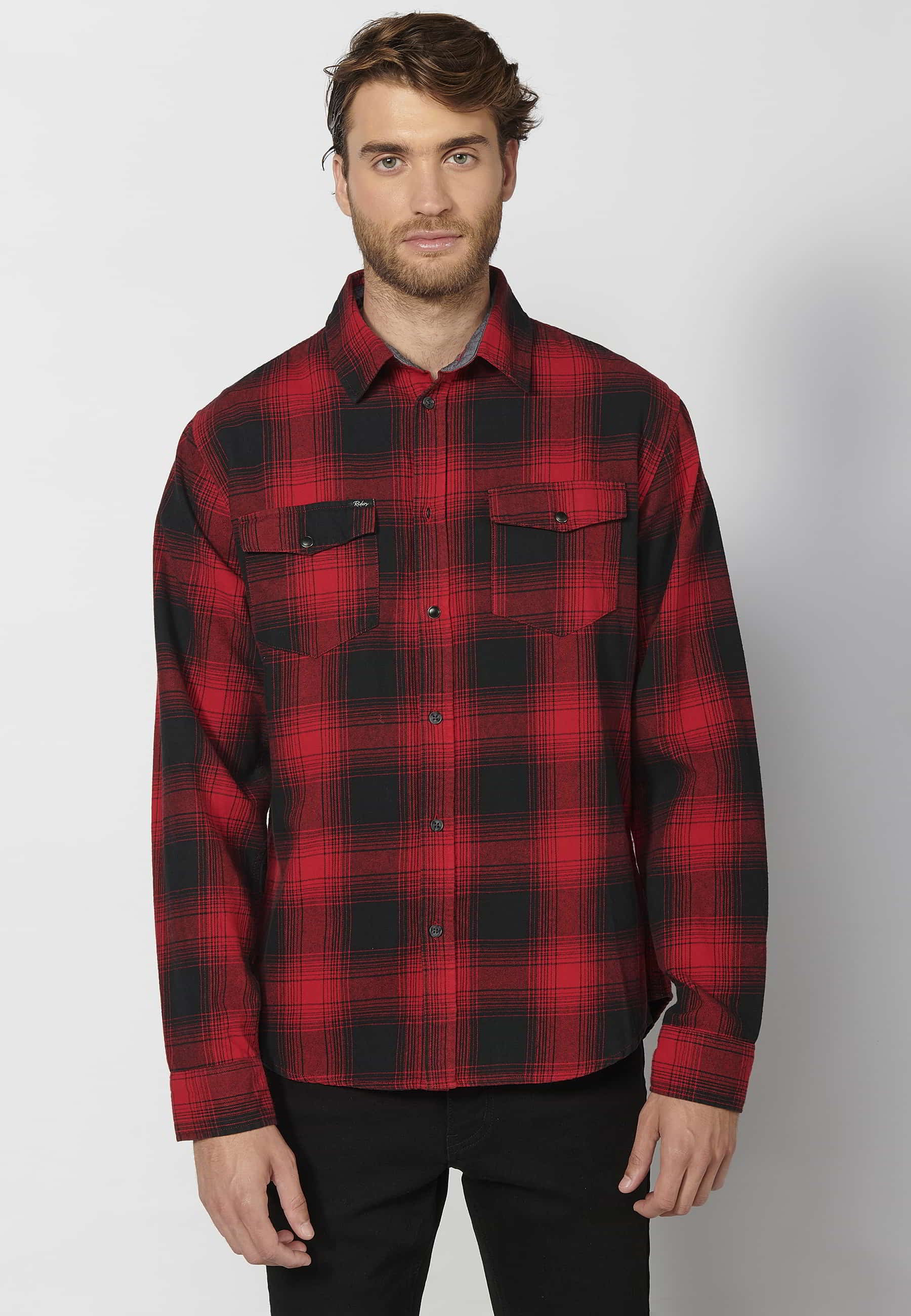 Chemise rouge en coton à manches longues avec poches devant pour Homme 4