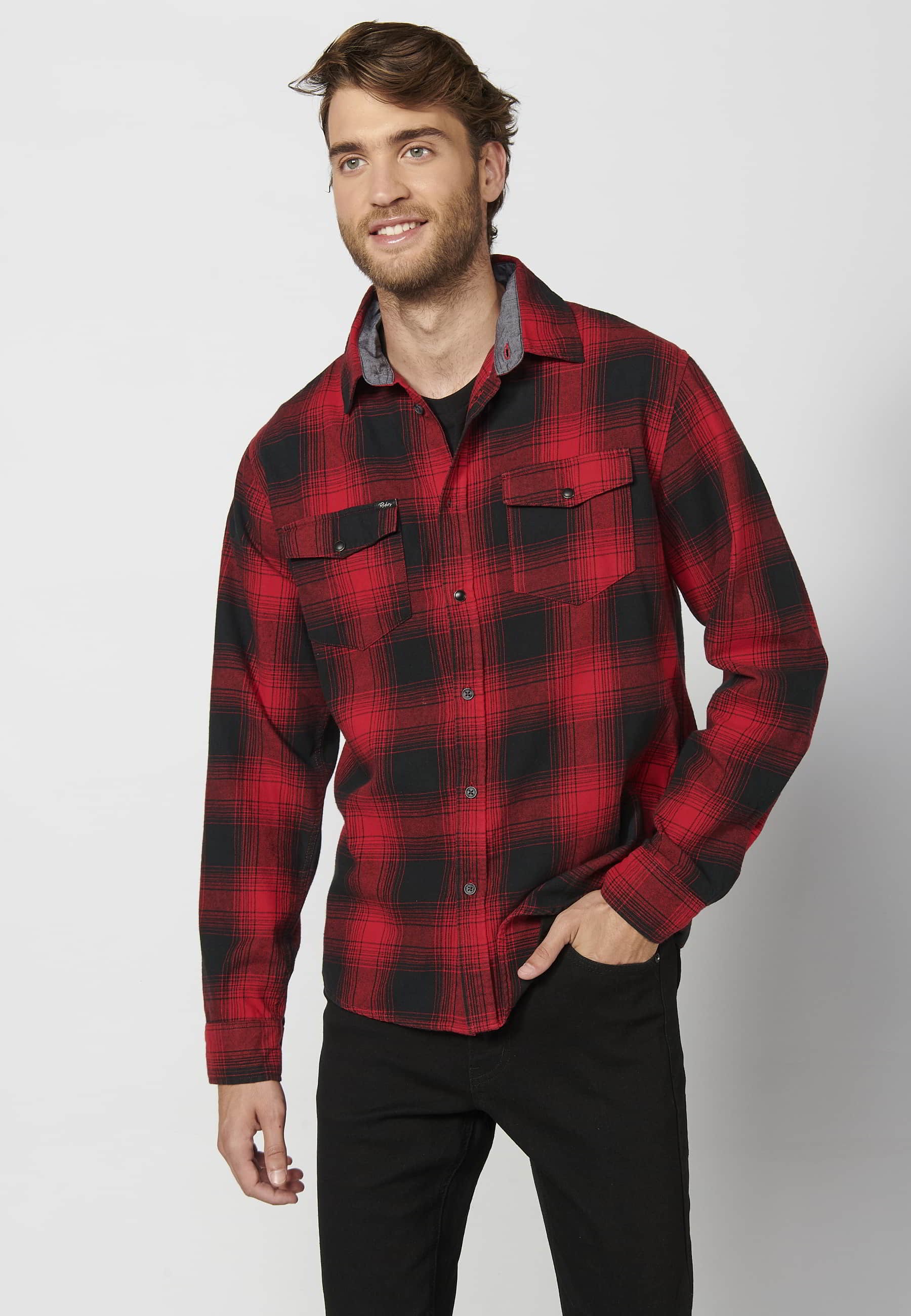 Chemise rouge en coton à manches longues avec poches devant pour Homme 1