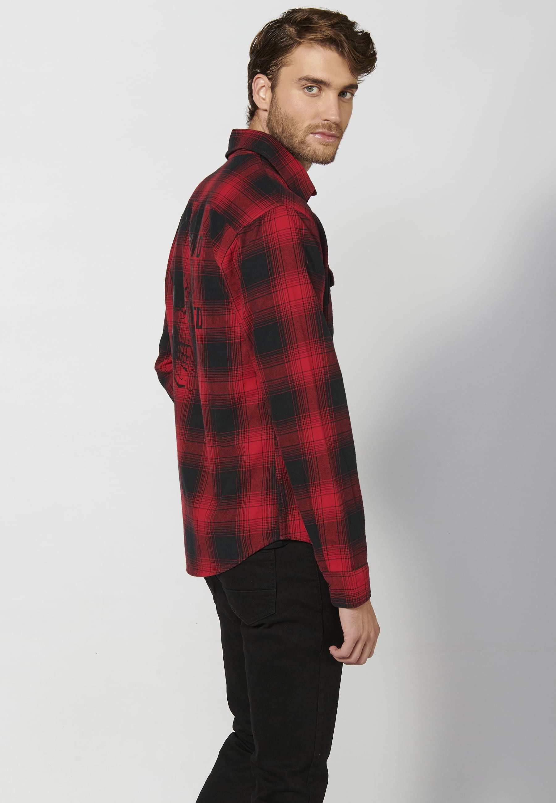 Chemise rouge en coton à manches longues avec poches devant pour Homme 9