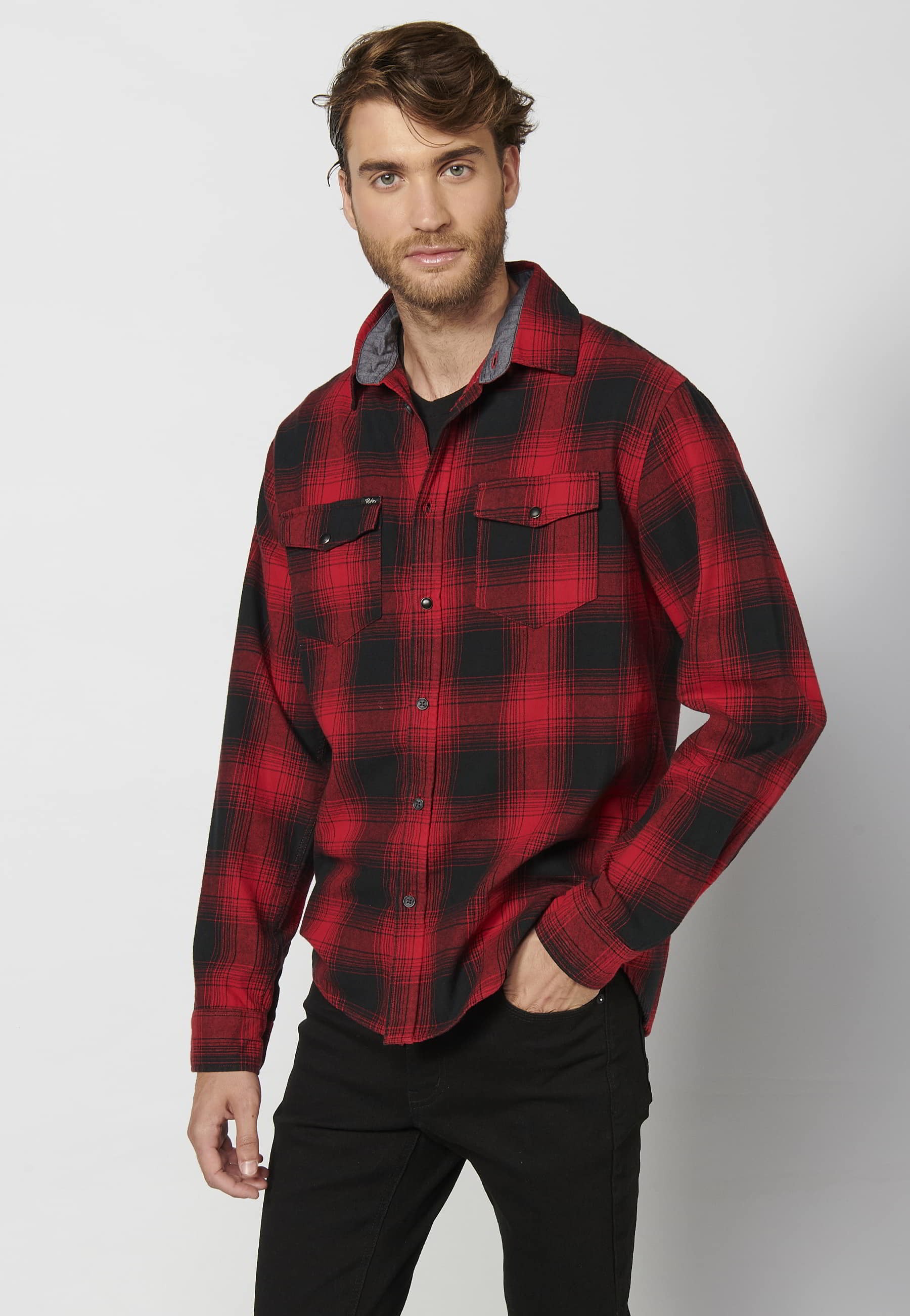 Chemise rouge en coton à manches longues avec poches devant pour Homme 8