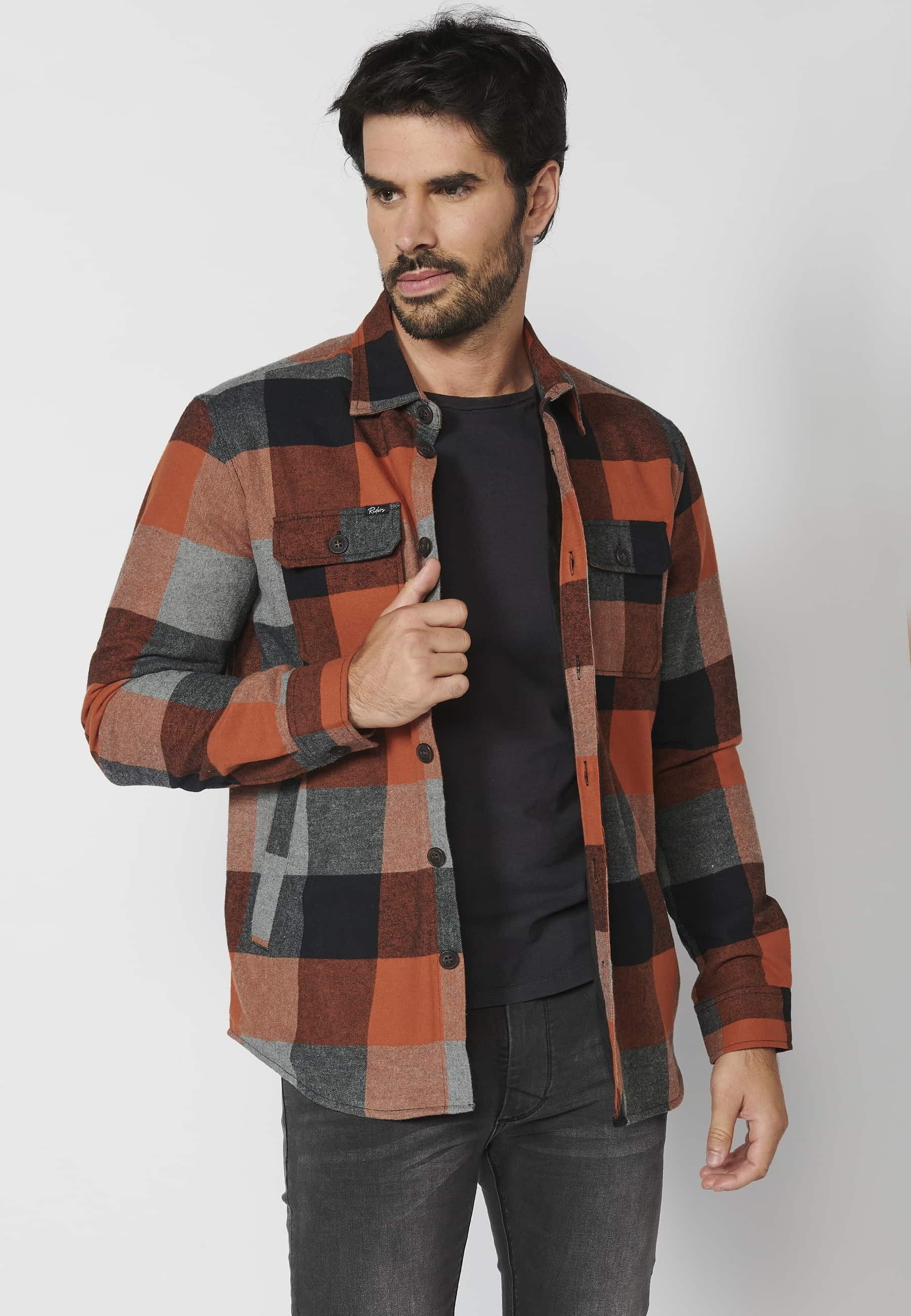 Sobrecamisa de algodón de manga larga a cuadros con forro de pelo sintético color Naranja para Hombre