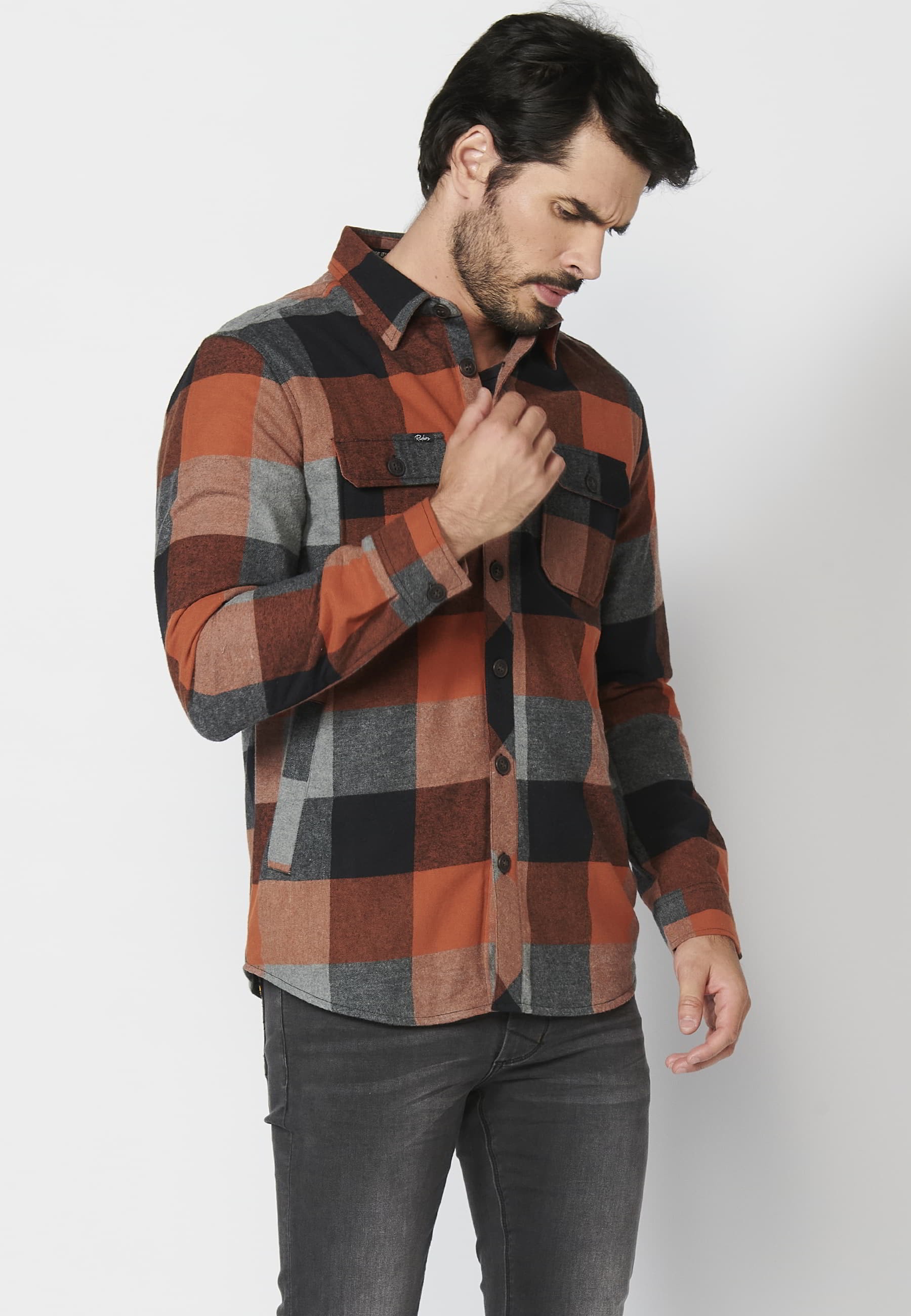 Sobrecamisa de algodón de manga larga a cuadros con forro de pelo sintético color Naranja para Hombre