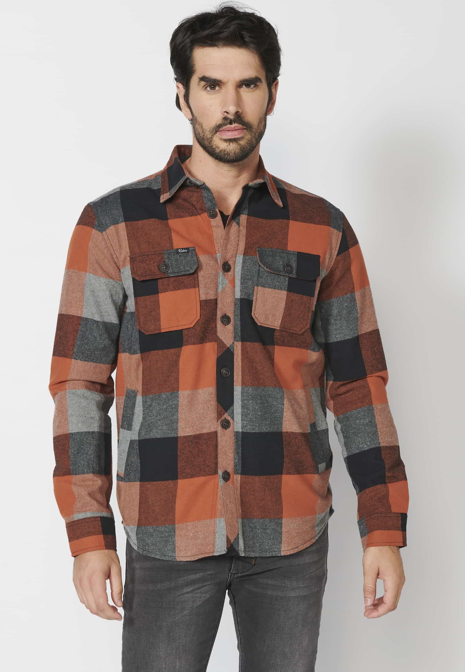 Sobrecamisa de algodón de manga larga a cuadros con forro de pelo sintético color Naranja para Hombre