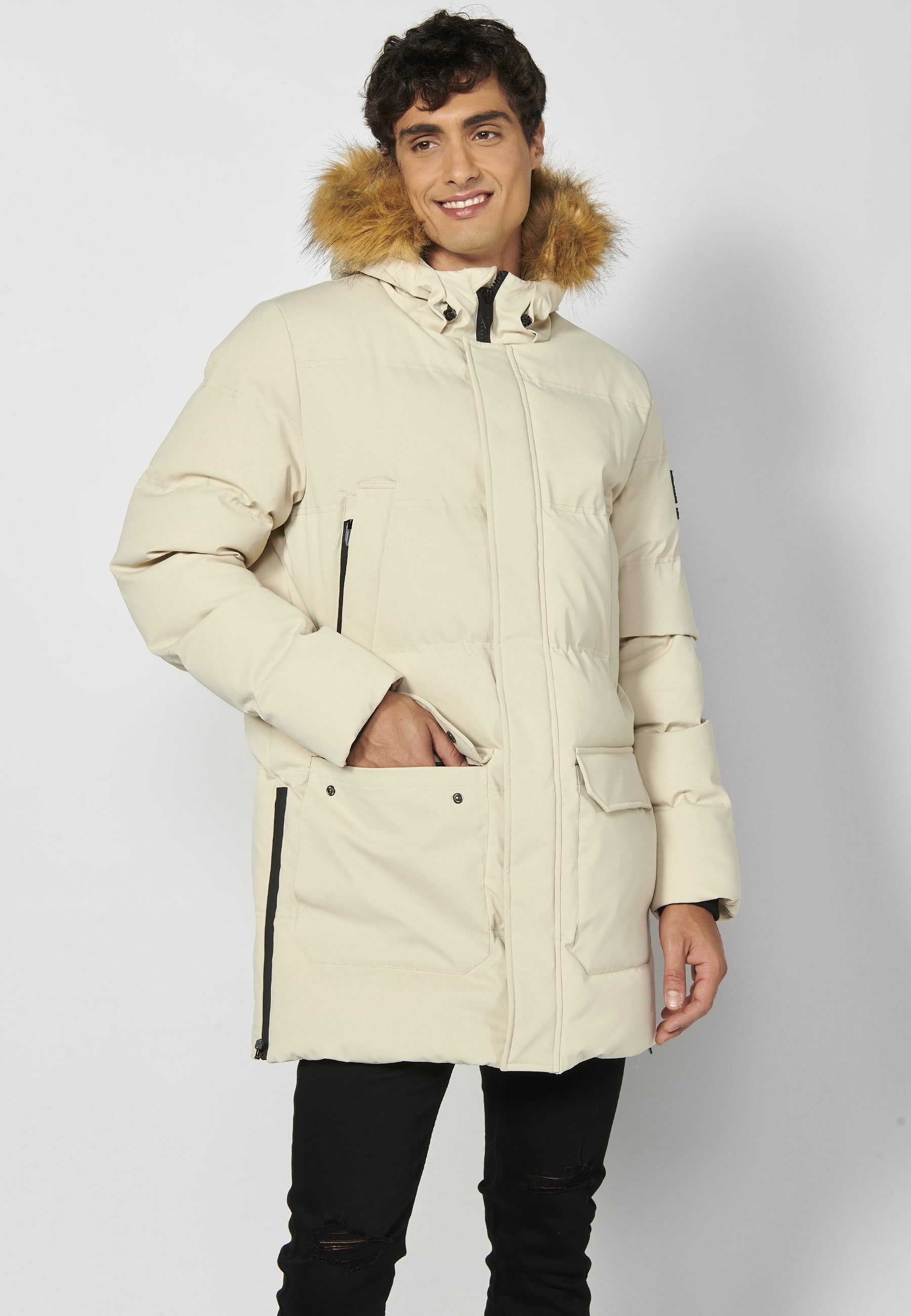 Beige lange wattierte Jacke mit Kapuze für Herren