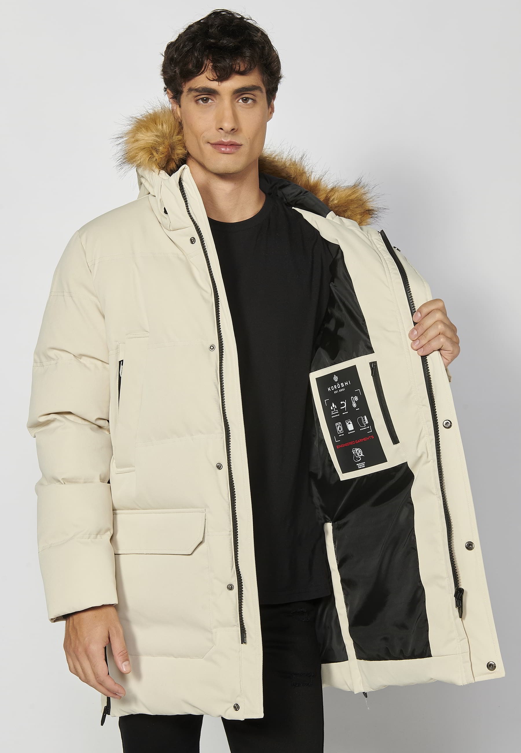 Beige lange wattierte Jacke mit Kapuze für Herren 2