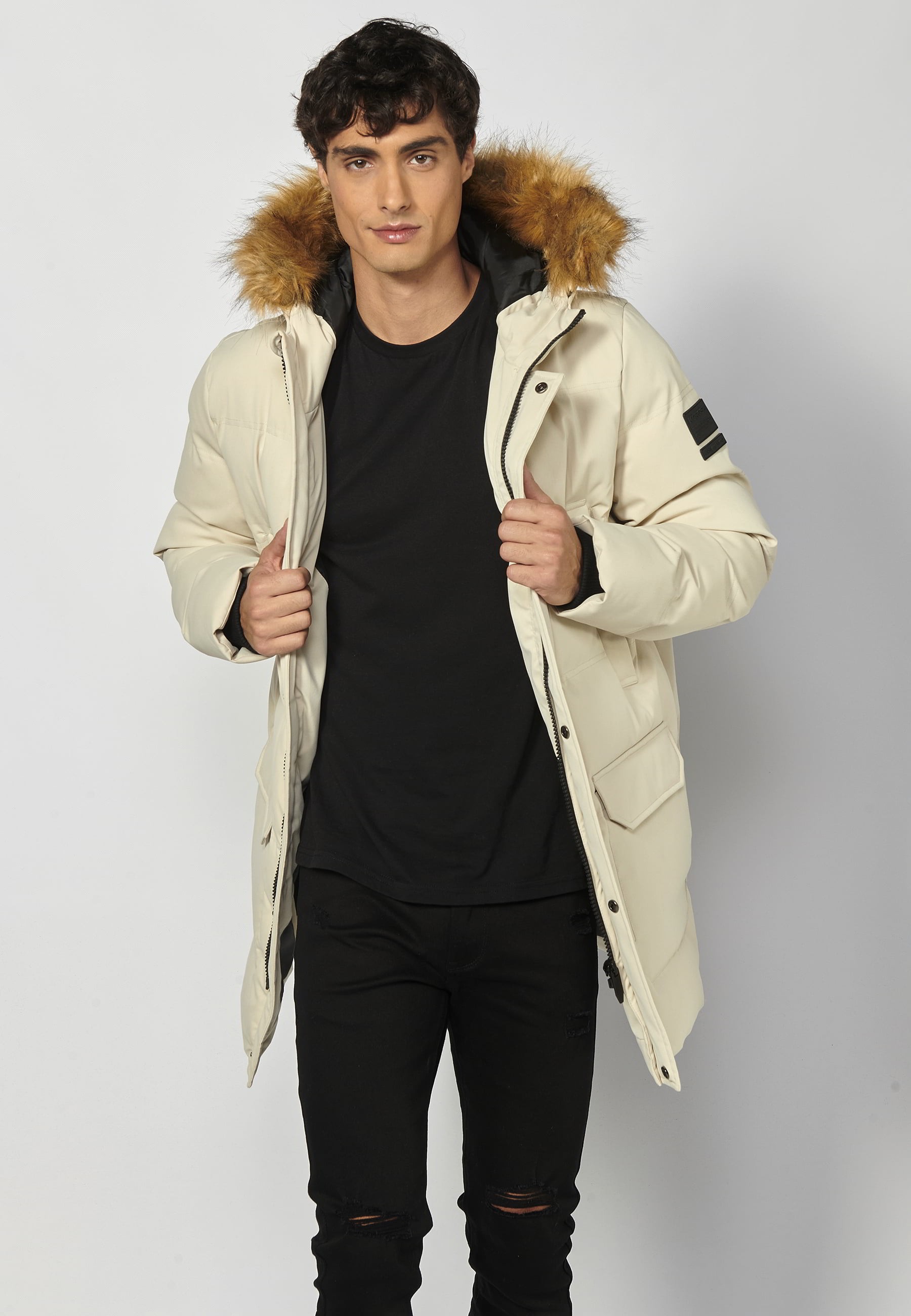 Beige lange wattierte Jacke mit Kapuze für Herren 1