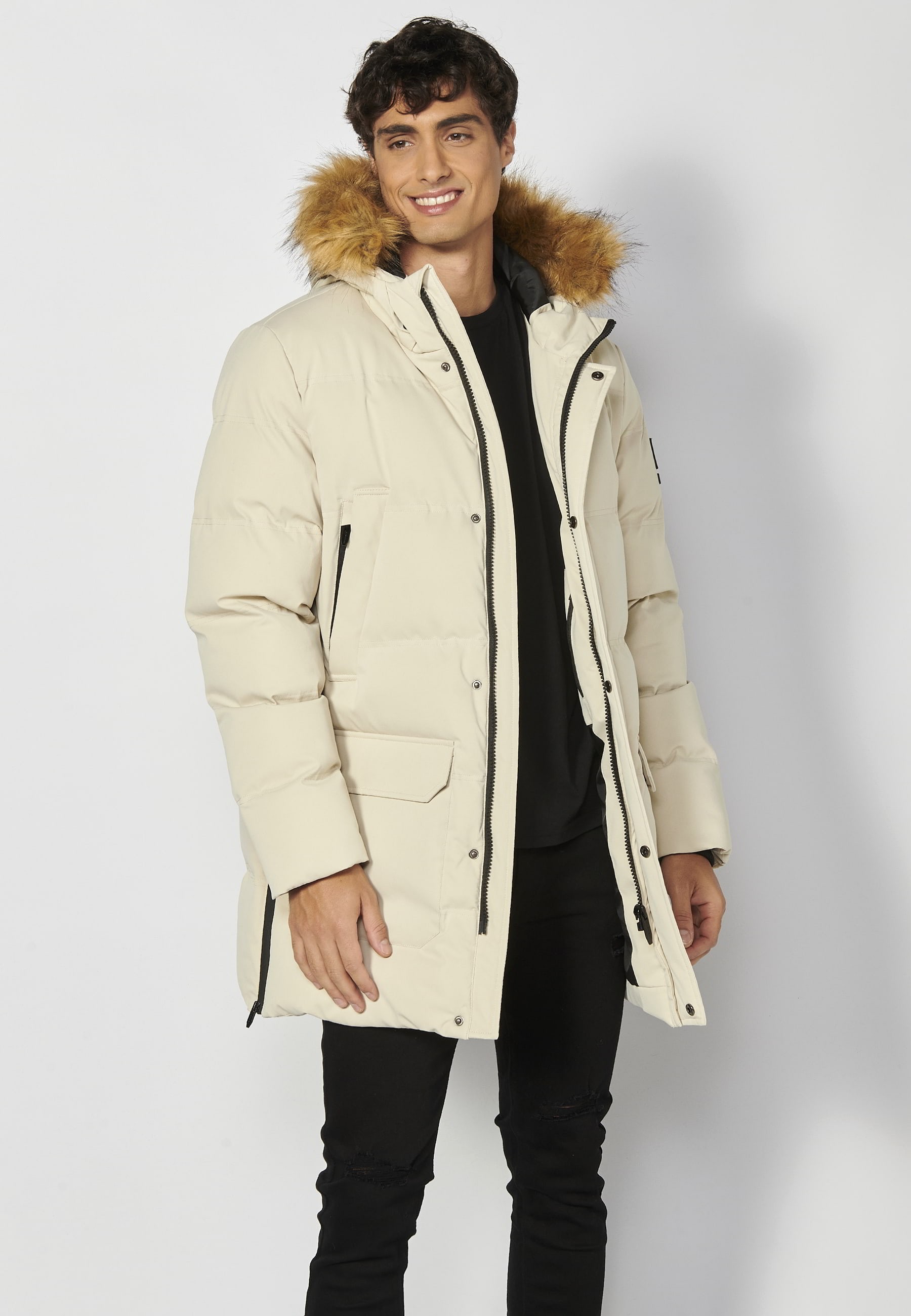 Beige long padded jacket with hood for Men 4