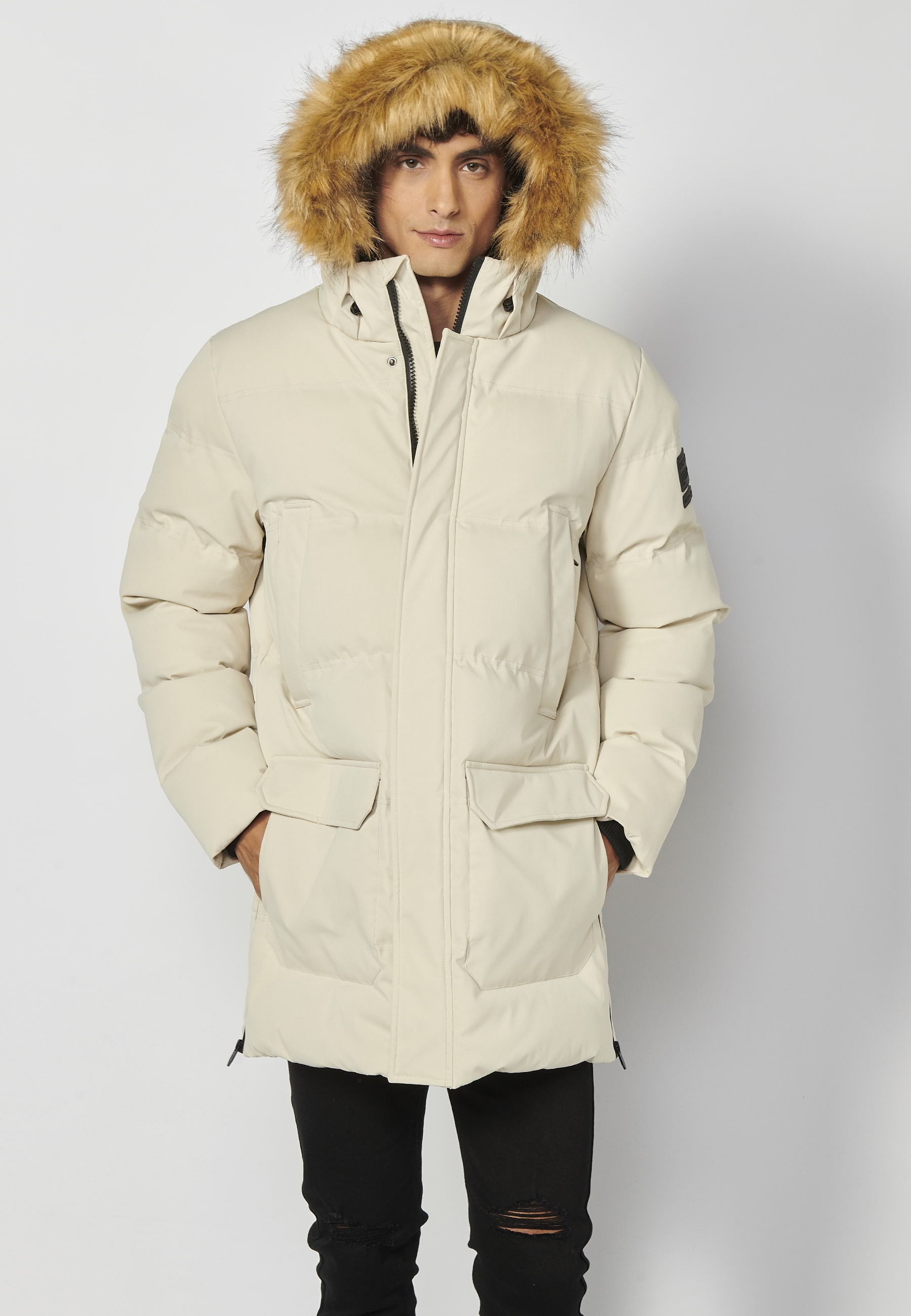 Beige long padded jacket with hood for Men 3