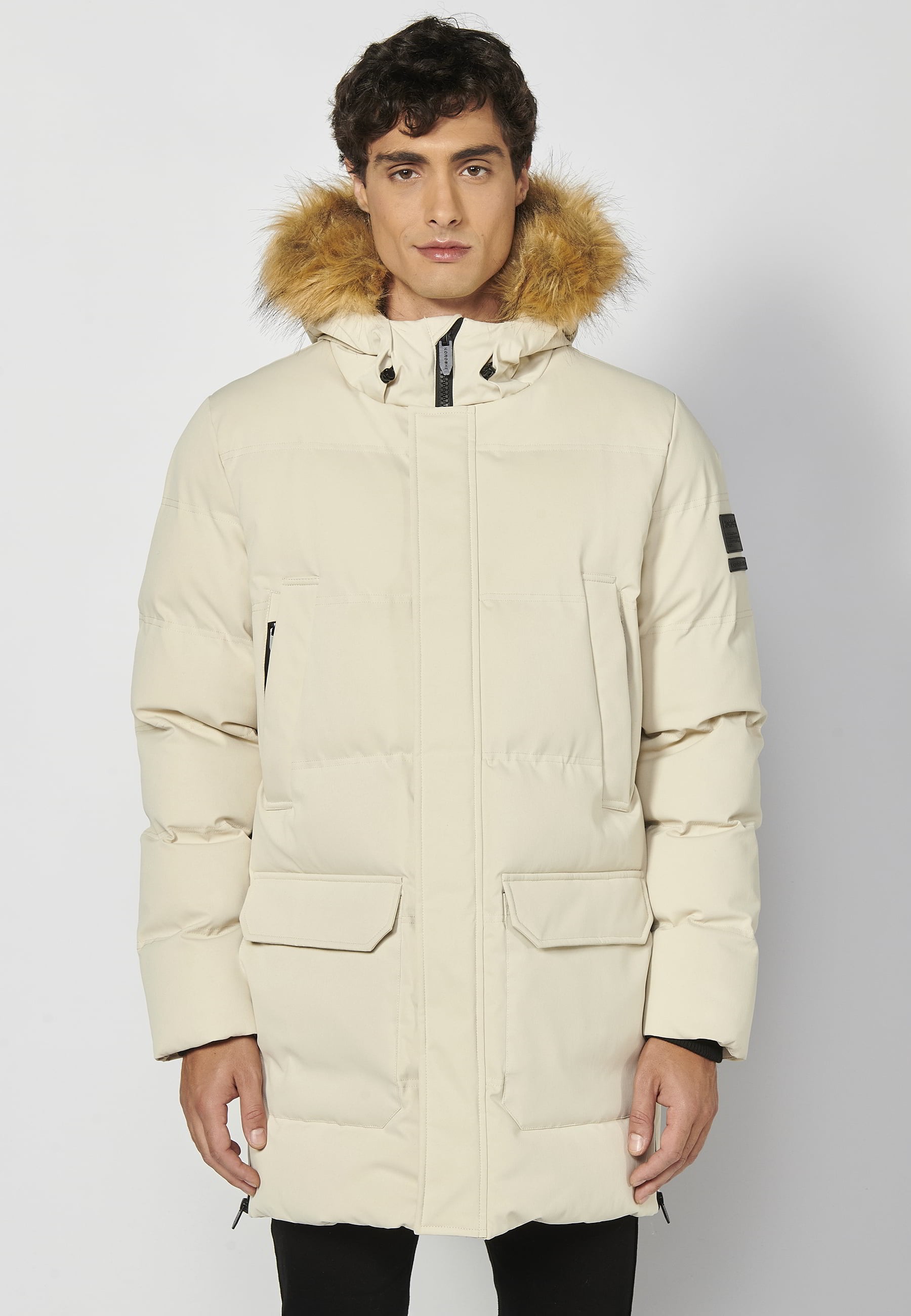 Beige long padded jacket with hood for Men 5