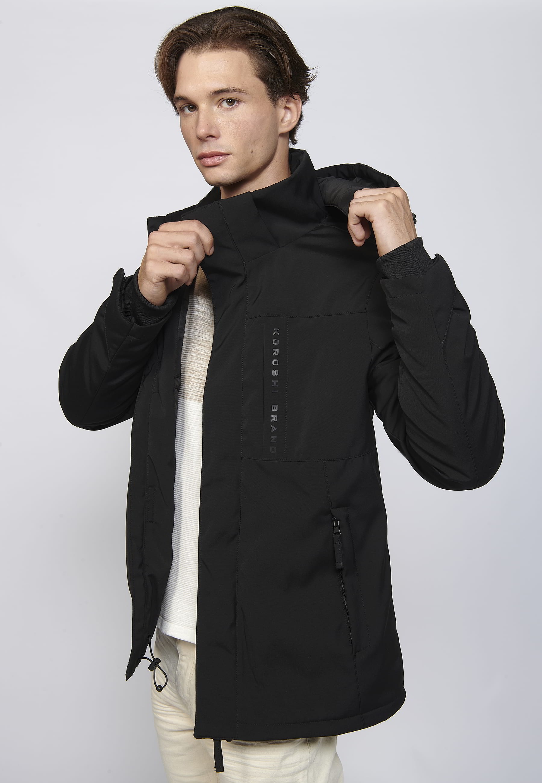 Langärmlige Parka-Jacke mit Kapuzenkragen in Schwarz für Herren 11