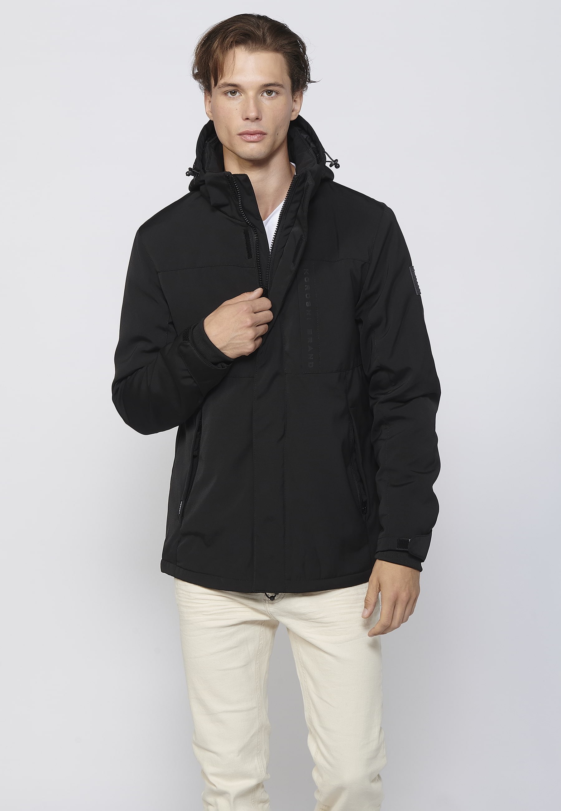 Long-sleeved parka jacket with hooded collar in Black for Men