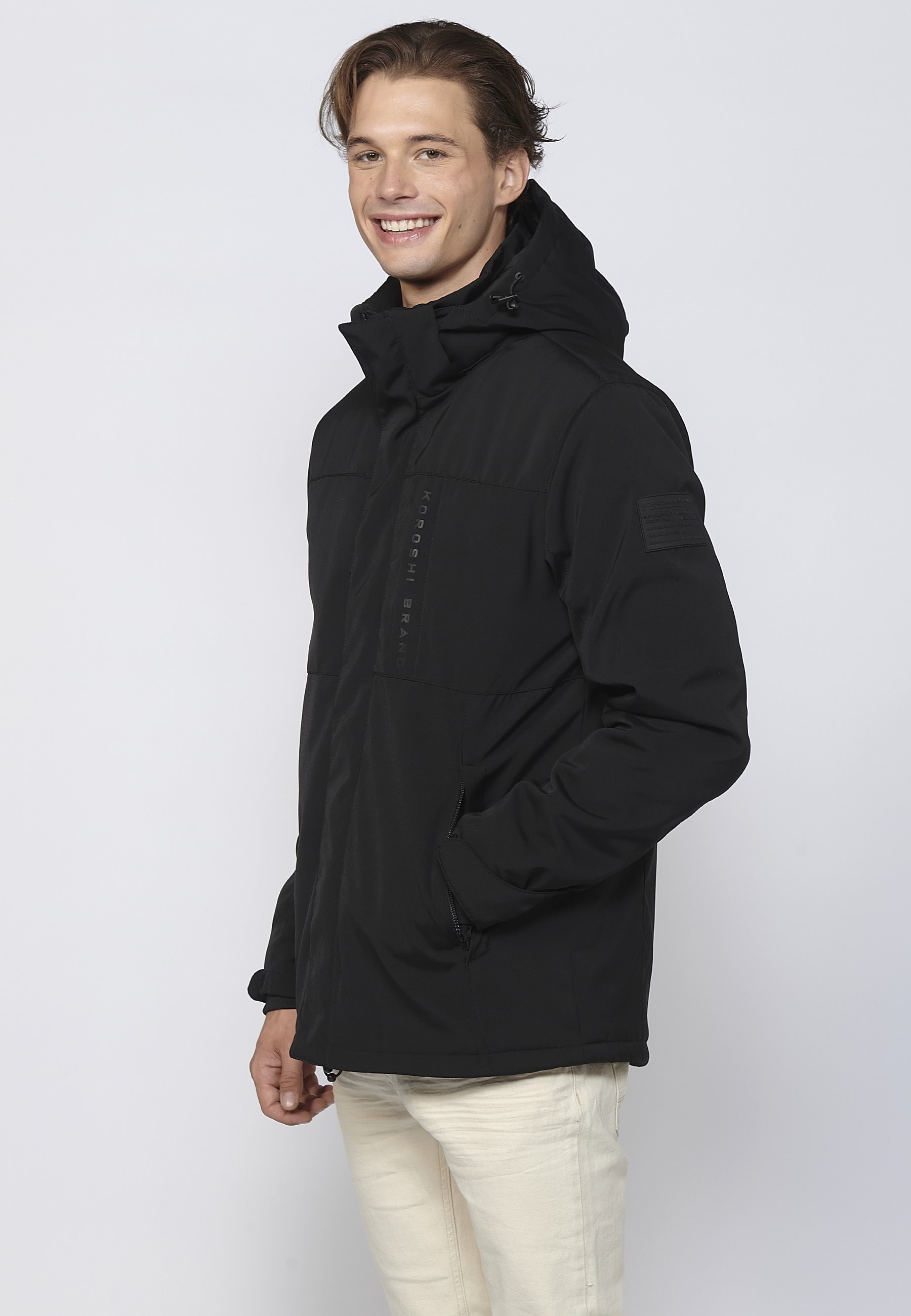 Langärmlige Parka-Jacke mit Kapuzenkragen in Schwarz für Herren 4