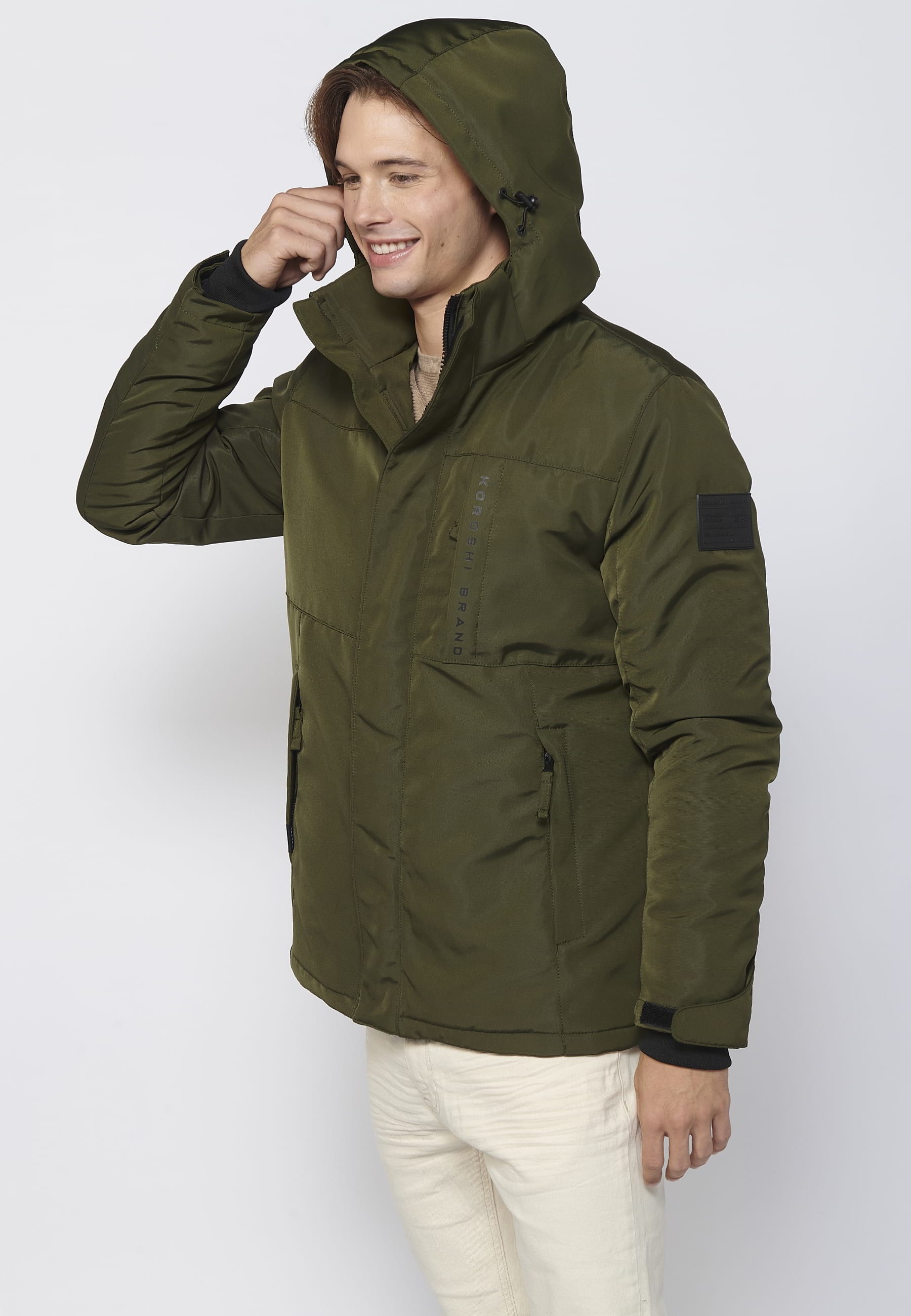 Khaki Men's Long Sleeve Hooded Collar Parka Jacket 10