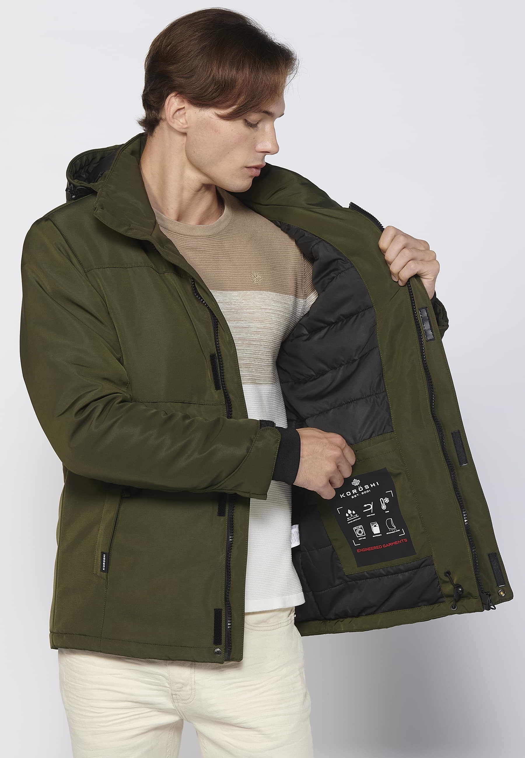 Khaki Men's Long Sleeve Hooded Collar Parka Jacket 9