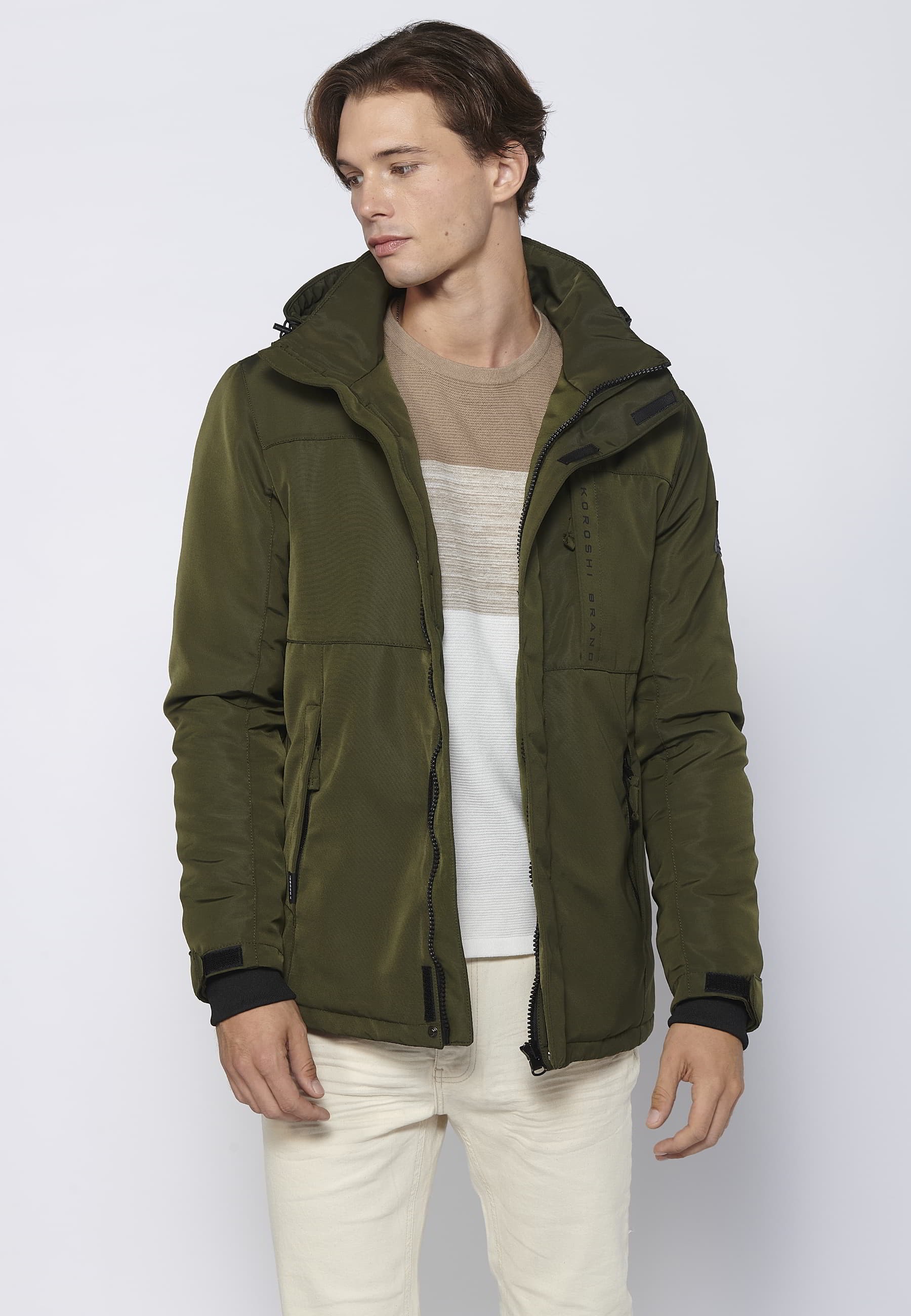 Khaki Men's Long Sleeve Hooded Collar Parka Jacket 12